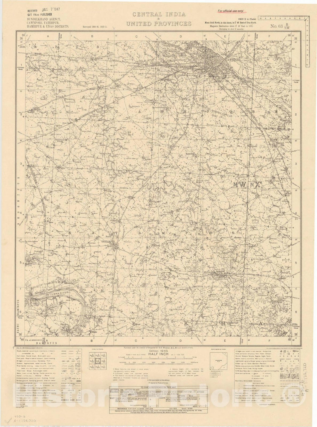 Map : Bundelkhand Agency, Cawnpore, Fatehpur, Hamirpur & Unao Districts, Central India & United Provinces, No. 63 B/S.W. 1944, India and adjacent countries