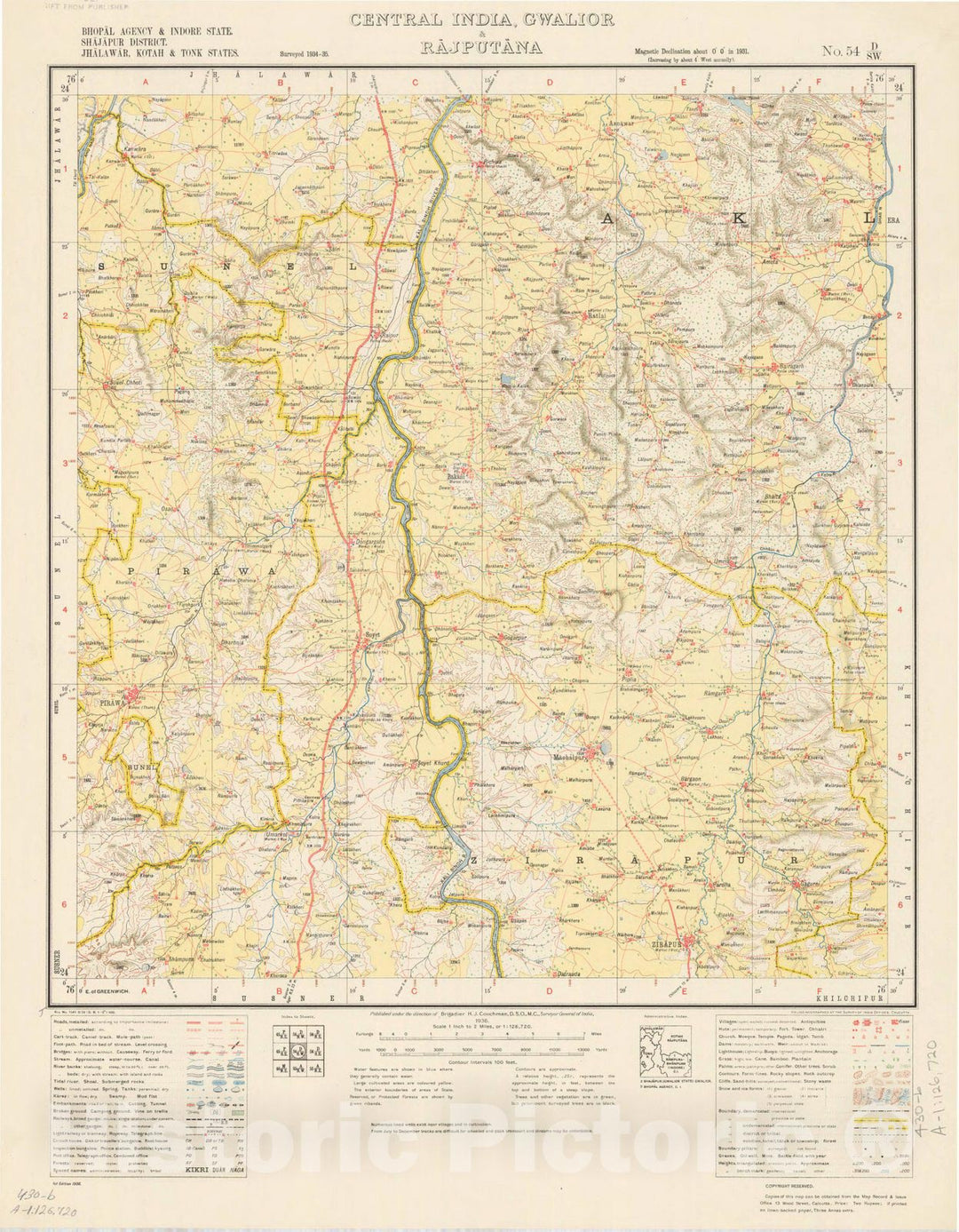 Map : Bhopal Agency & Indore State, Shajapur District, Jhalawar, Kotah & Tonk States, Central India, Rajputana, No. 54 D/S.W. 1936, India and adjacent countries