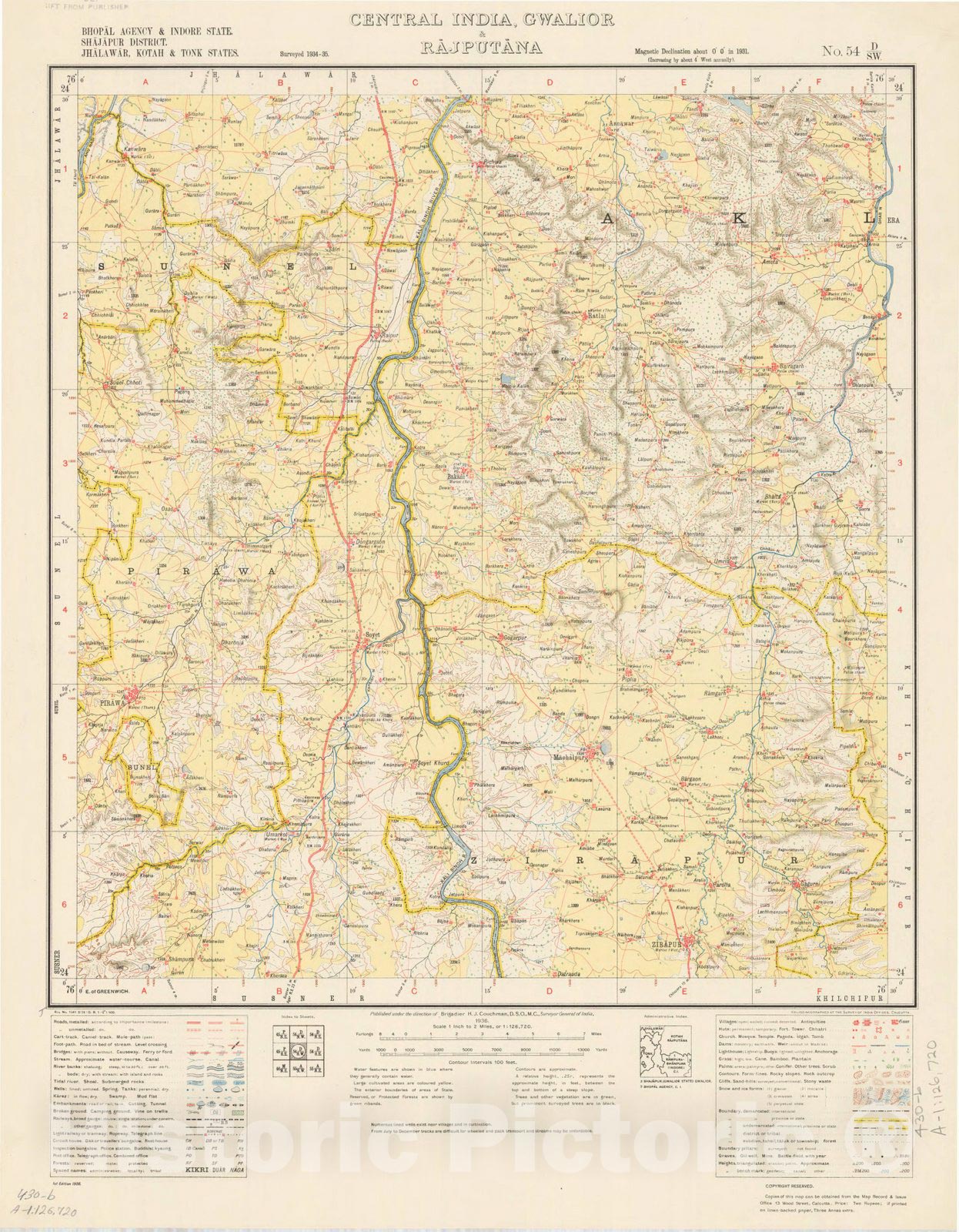 Map : Bhopal Agency & Indore State, Shajapur District, Jhalawar, Kotah & Tonk States, Central India, Rajputana, No. 54 D/S.W. 1936, India and adjacent countries