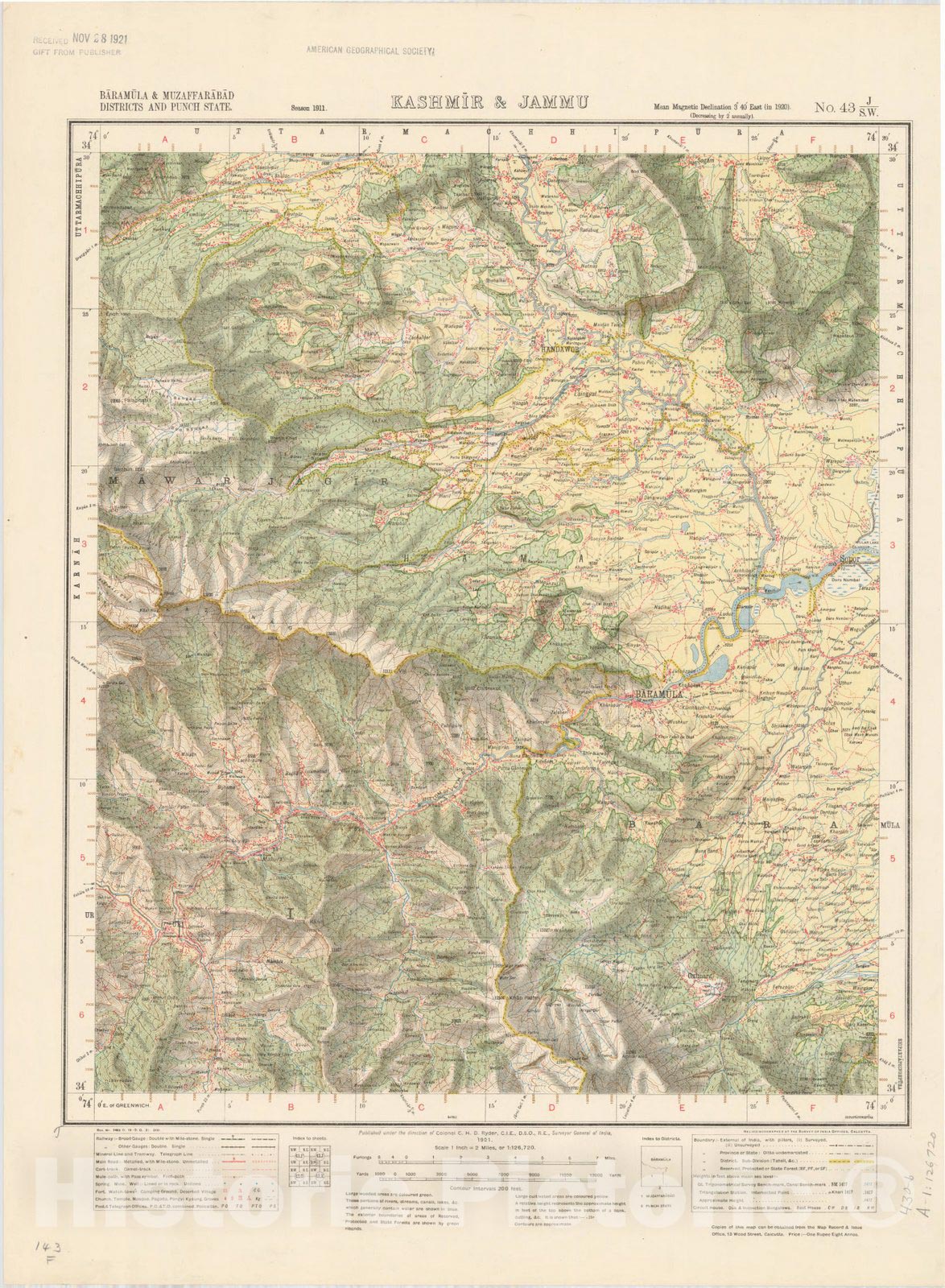 Map : Baramula & Muzaffarabad Districts and Punch State, Kashmir & Jammu No. 43 J/S.W. 1921, India and adjacent countries, Antique Vintage Reproduction