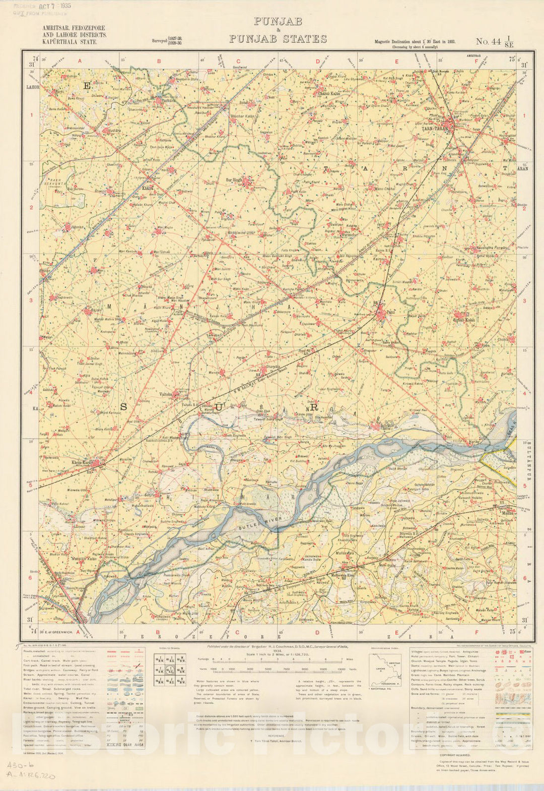 Map : Amritsar, Ferozepore and Lahore Districts, Kapurthala State, Punjab & Punjab States, No. 44 I/S.E. 1934, India 1:126,720, Antique Vintage Reproduction