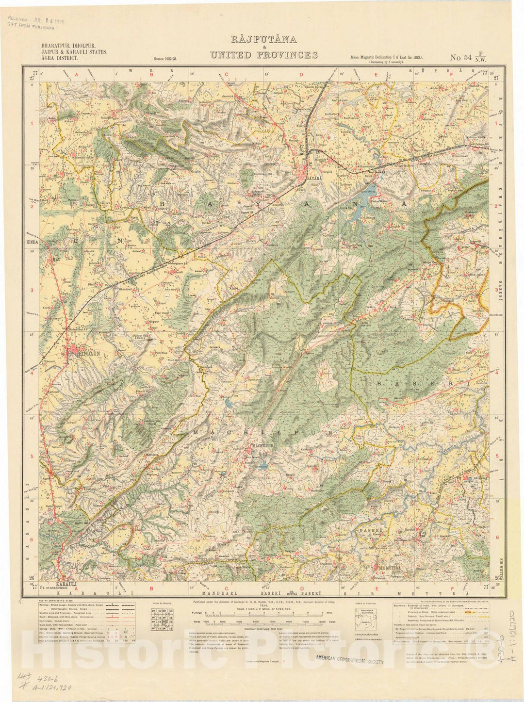 Historic Map : Bharatpur, Dholpur, Jaipur & Karauli States, Agra District, Rajputana & United Provinces No. 54 F/N.W. 1924, India and adjacent countries, Antique Vintage Reproduction