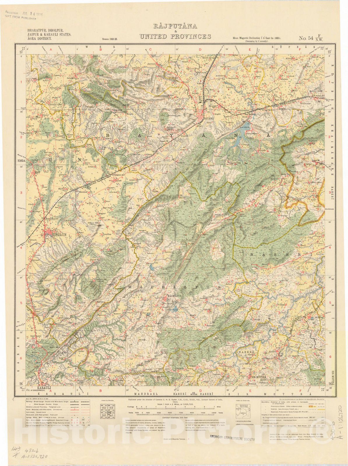 Historic Map : Bharatpur, Dholpur, Jaipur & Karauli States, Agra District, Rajputana & United Provinces No. 54 F/N.W. 1924, India and adjacent countries, Antique Vintage Reproduction