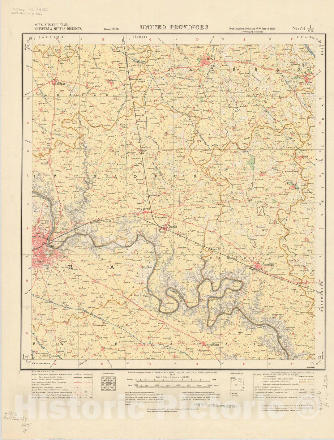 Map : Agra, Aligarh, Etah, Mainpuri & Muttra Districts, United Provinces, No. 54 I/S.W. 1923, India and adjacent countries, Antique Vintage Reproduction