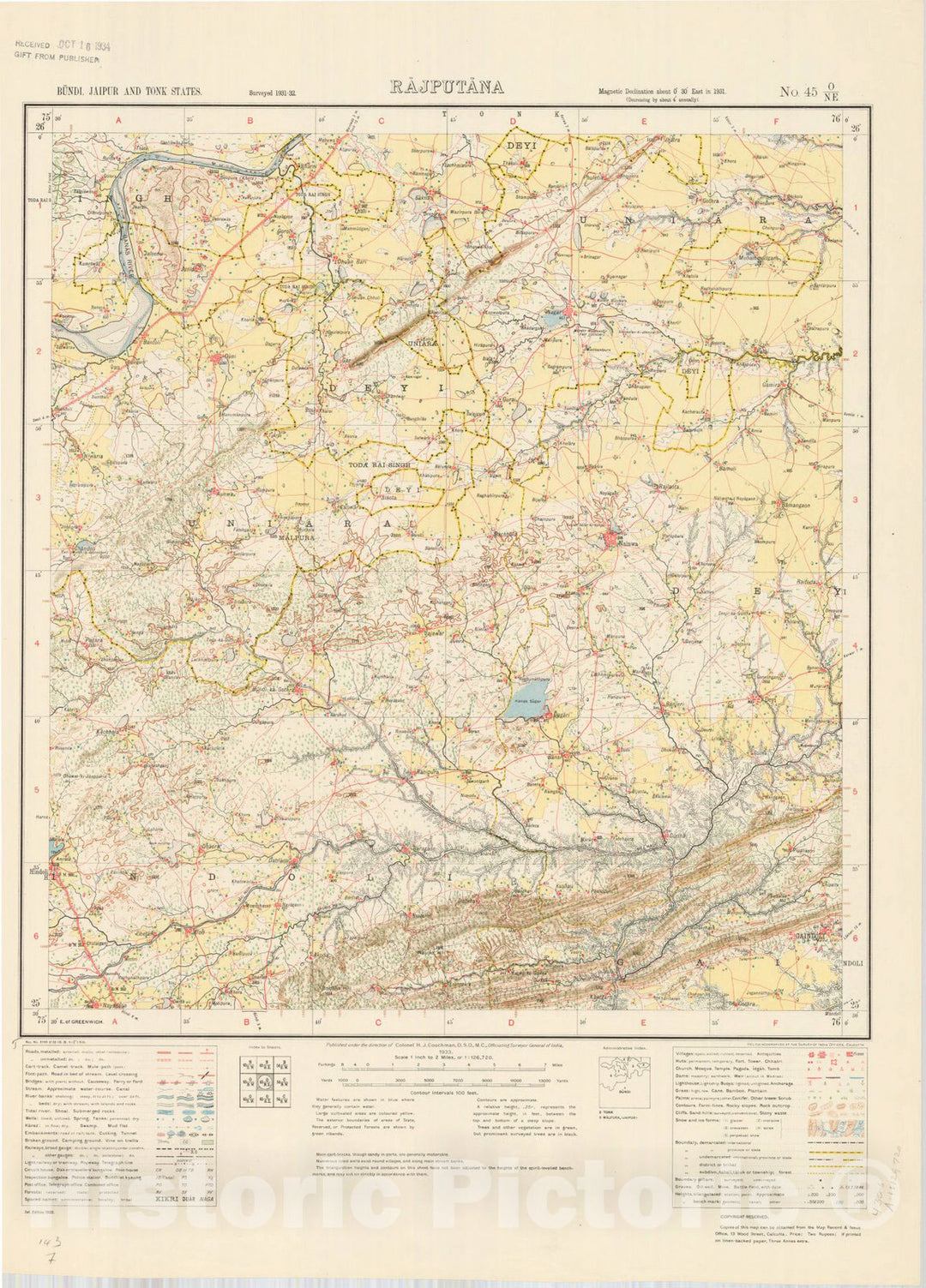 Map : Bundi,Jaipur and Tonk States, Rajputana, No. 45 O/N.E. 1933, India and adjacent countries, Antique Vintage Reproduction