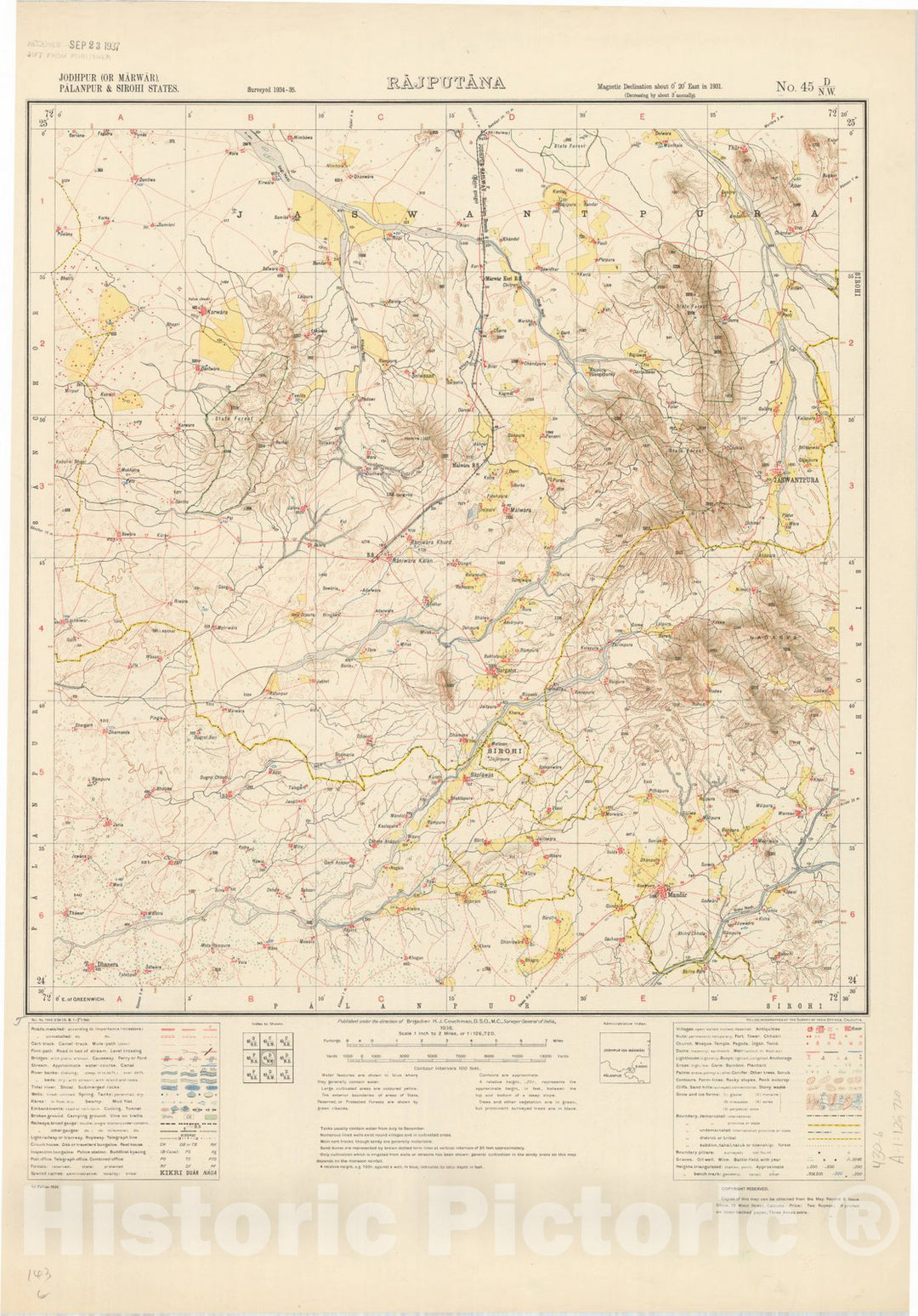 Map : Jodhpur (or Marwar), Palanpur & Sirohi States, Rajputana, No. 45 D/N.W. 1936, India and adjacent countries, Antique Vintage Reproduction