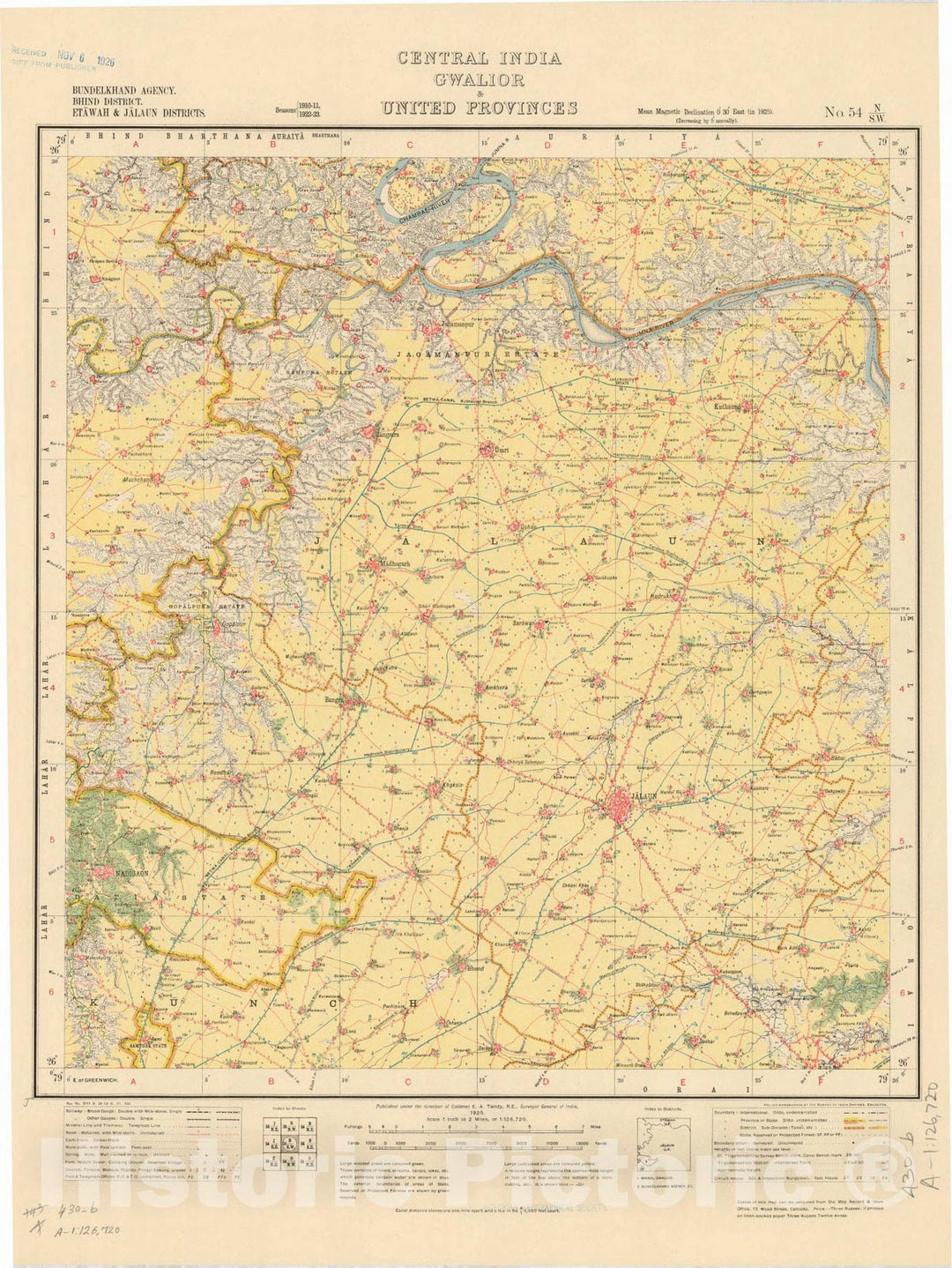 Map : Bundelkhand Agency, Bhind District, Etawah & Jalaun Districts, Central India, Gwalior & United Provinces, No. 54 N/S.W. 1925, India and adjacent countries