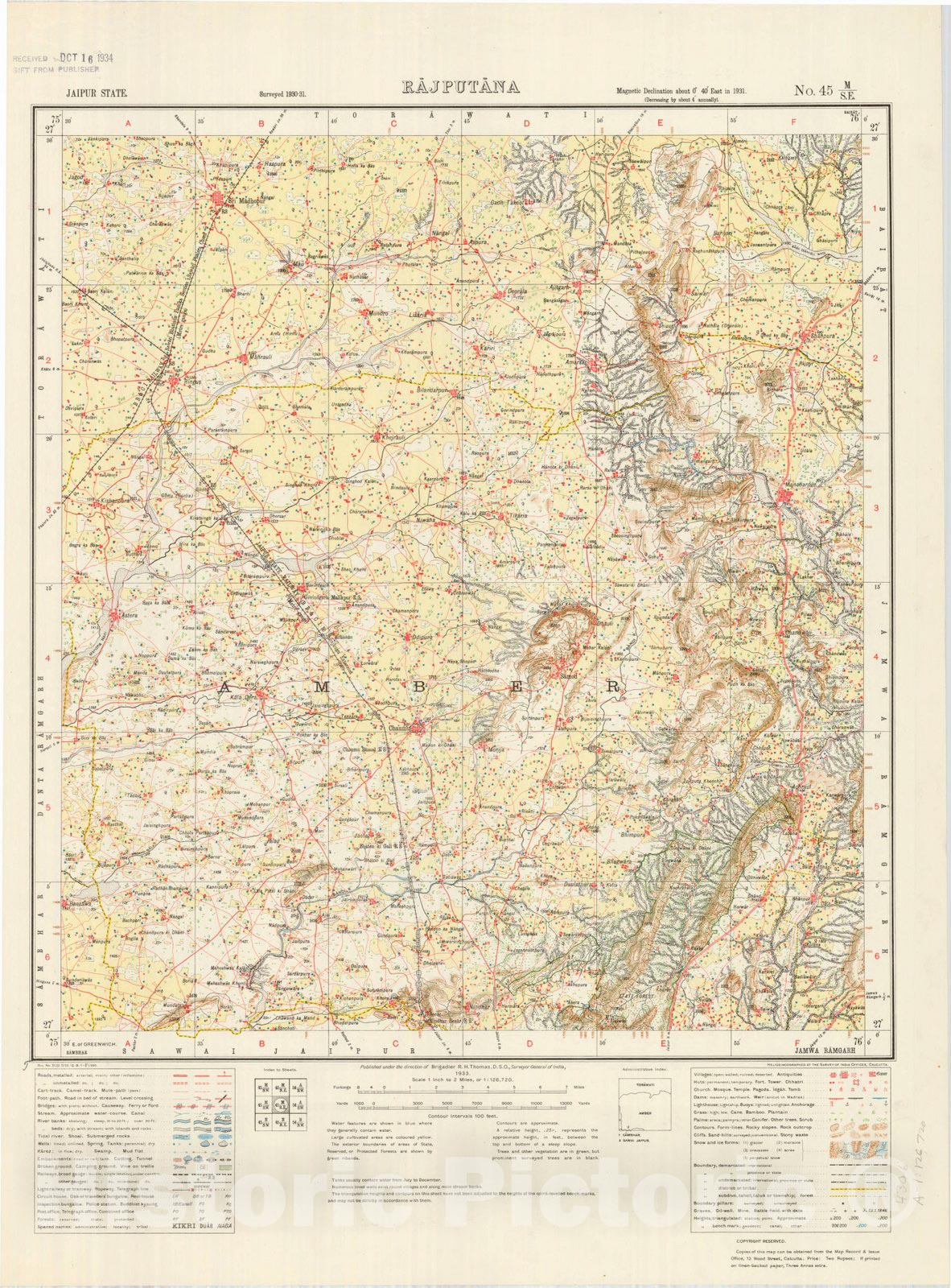 Map : Jaipur State, Rajputana, No. 45 M/S.E. 1933, India and adjacent countries, Antique Vintage Reproduction