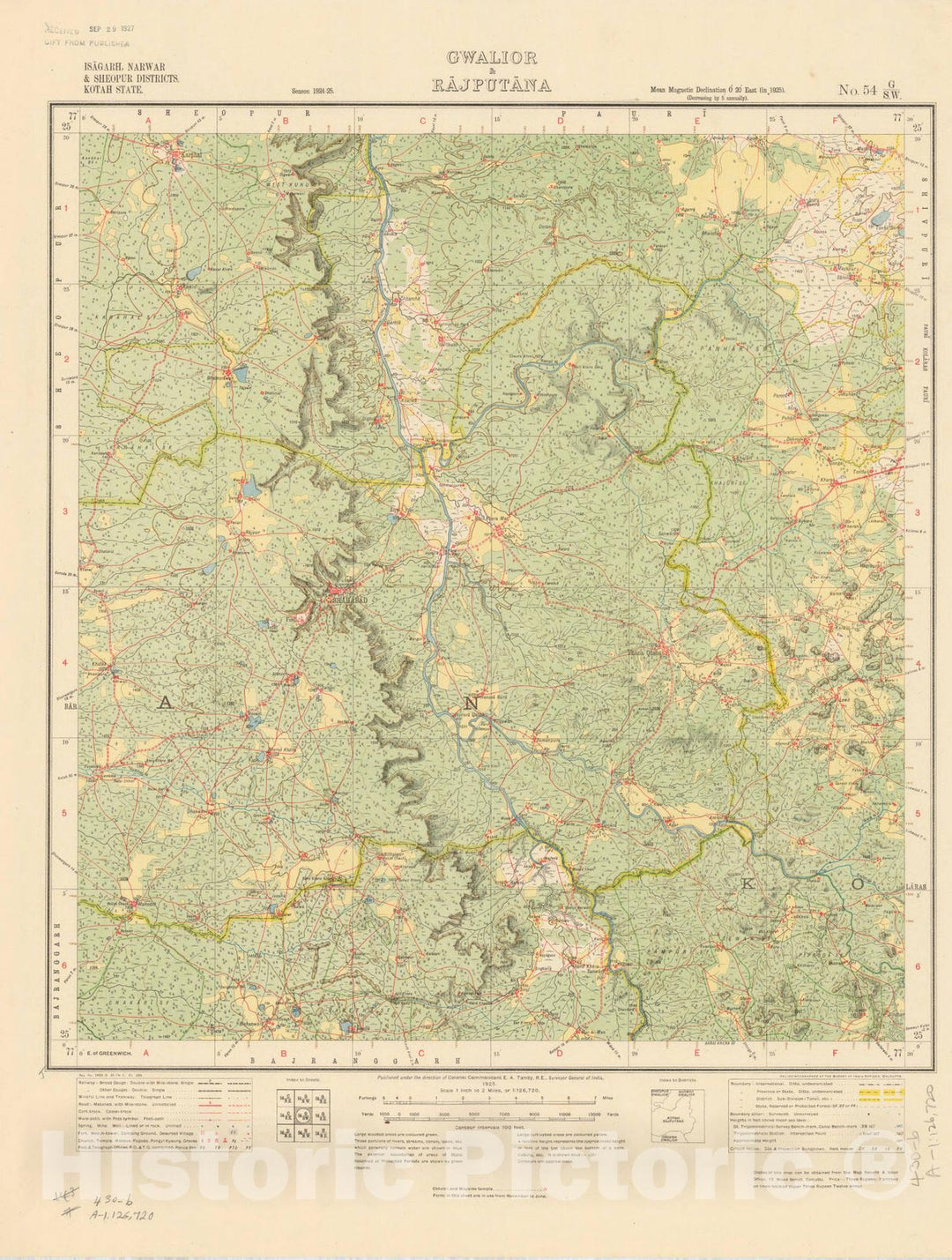 Map : Isagarh, Narwar & Sheopur Districts, Kotah State, Gwalior & Rajputana, No. 54 G/S.W. 1925, India and adjacent countries, Antique Vintage Reproduction