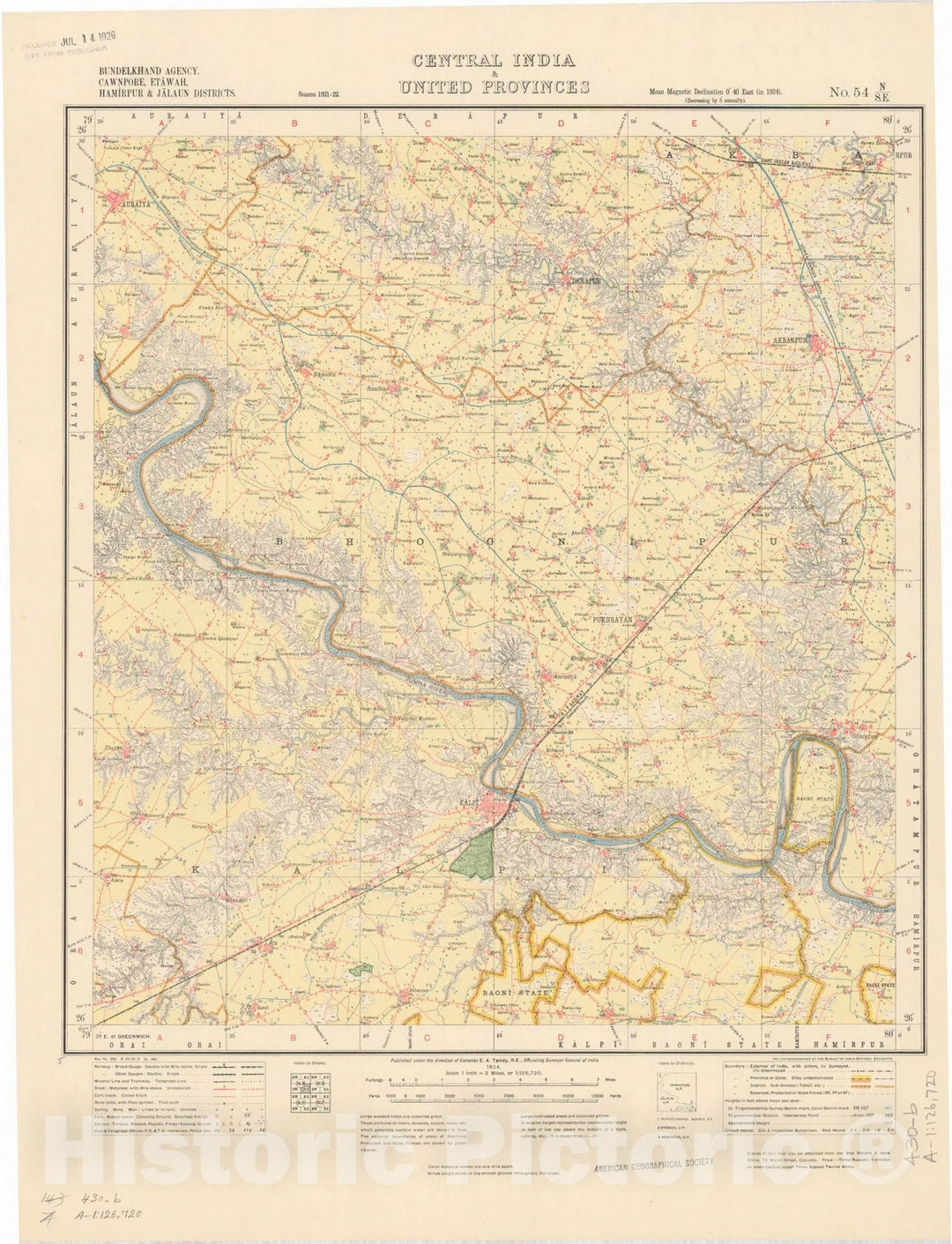 Map : Bundelkhand Agency, Cawnpore, Etawah, Hamirpur & Jalaun Districts, Central India & United Provinces, No. 54 N/S.E. 1924, India and adjacent countries