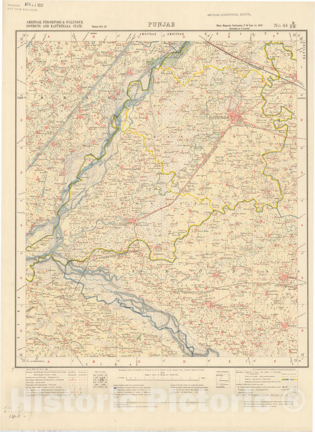 Map : Amritsar, Ferozepore & Jullundur Districts and Kapurthala State, Punjab, No. 44 M/S.W. 1920, India 1:126,720, Antique Vintage Reproduction