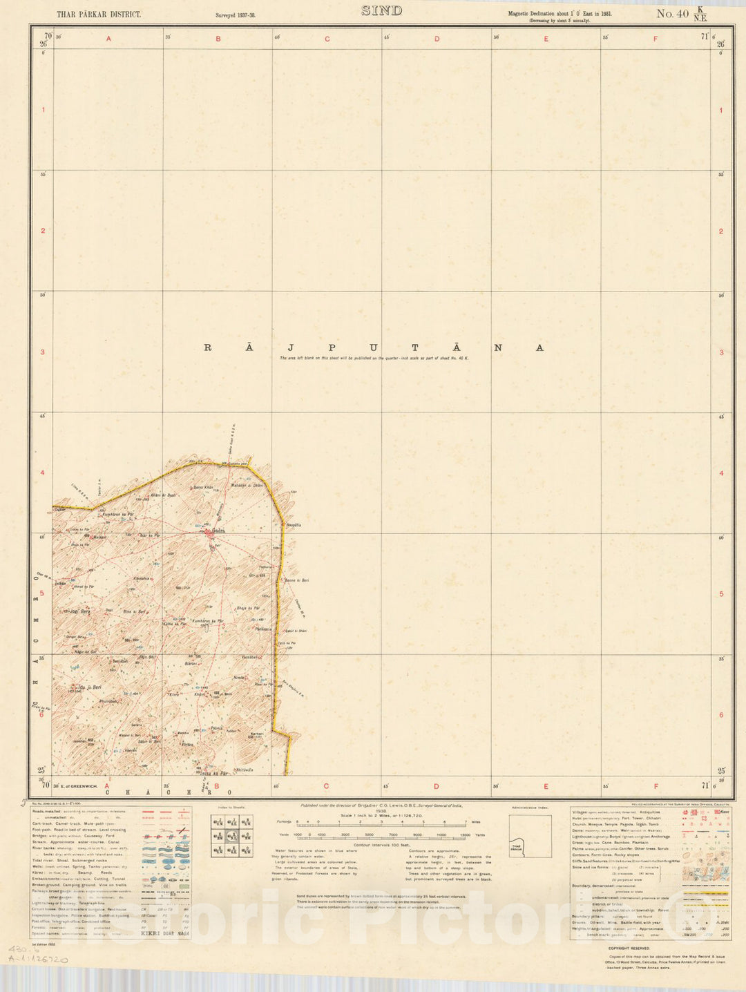 Map : Thar Parkar District, Sind, No. 40 K/N.E. 1938, India 1:126,720, Antique Vintage Reproduction