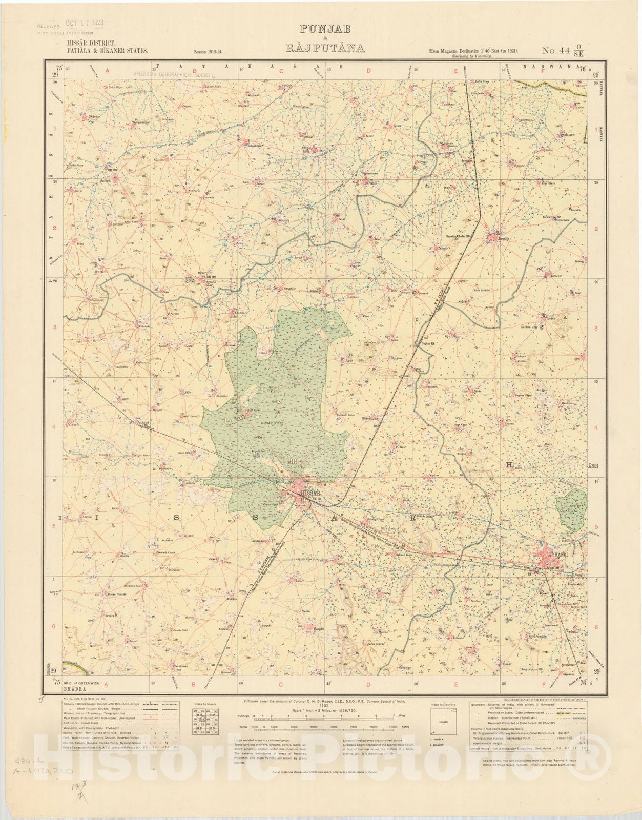 Map : Hissar District, Patiala & Bikaner States, Punjab & Rajputana, No. O/S.E. 1922, India and adjacent countries, Antique Vintage Reproduction