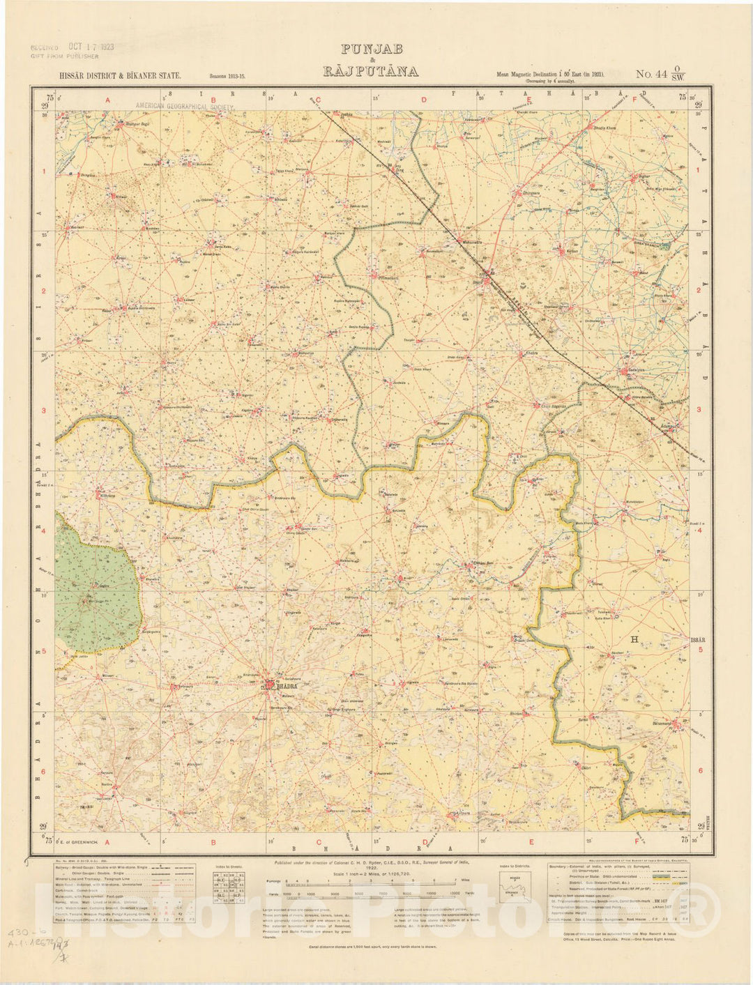 Map : Hissar District & Bikaner State, Punjab & Rajputana, No. 44 O/S.W. 1922, India and adjacent countries, Antique Vintage Reproduction