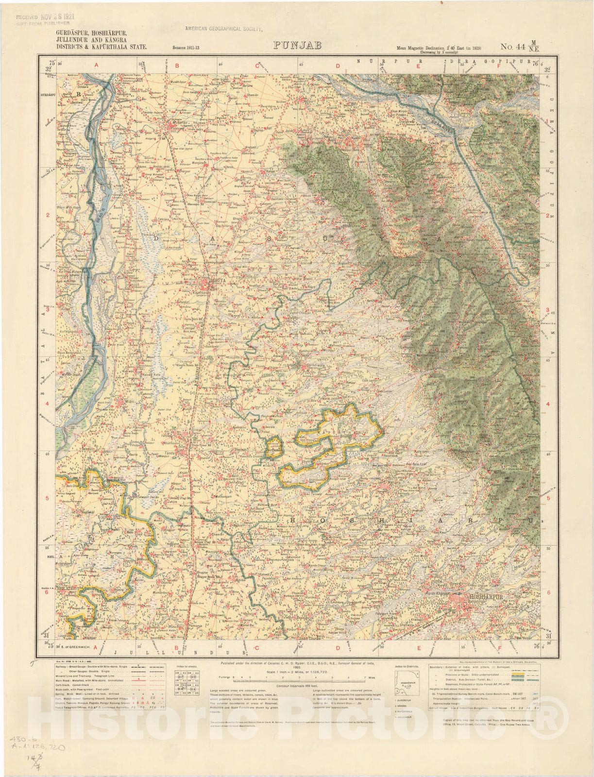 Map : Gurdaspur, Hoshiarpur, Jullundur and Kangra Districts & Kapurthala State, Punjab, No 44 M/N.E. 1920, India 1:126,720, Antique Vintage Reproduction