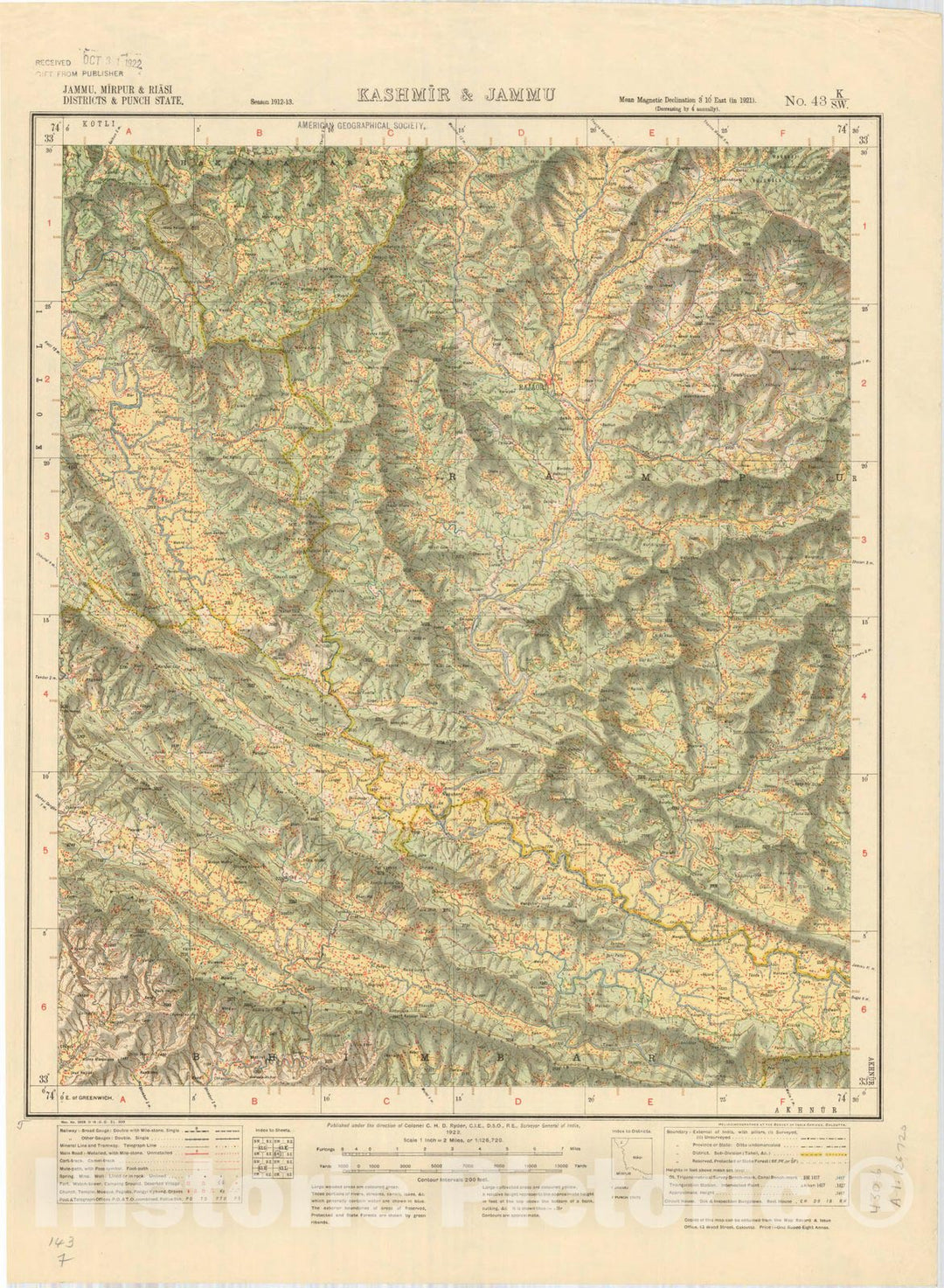 Map : Jammu, Mirpur & Riasi Districts & Punch State, Kashmir & Jammu No. 43 K/S.W. 1922, India and adjacent countries, Antique Vintage Reproduction