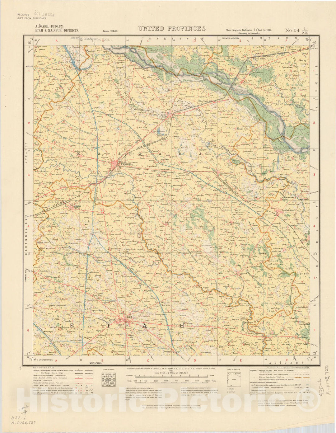 Map : Aligarh, Budaun, Etah & Mainpuri Districts, United Provinces, No. 54 I/N.E. 1923, India and adjacent countries, Antique Vintage Reproduction