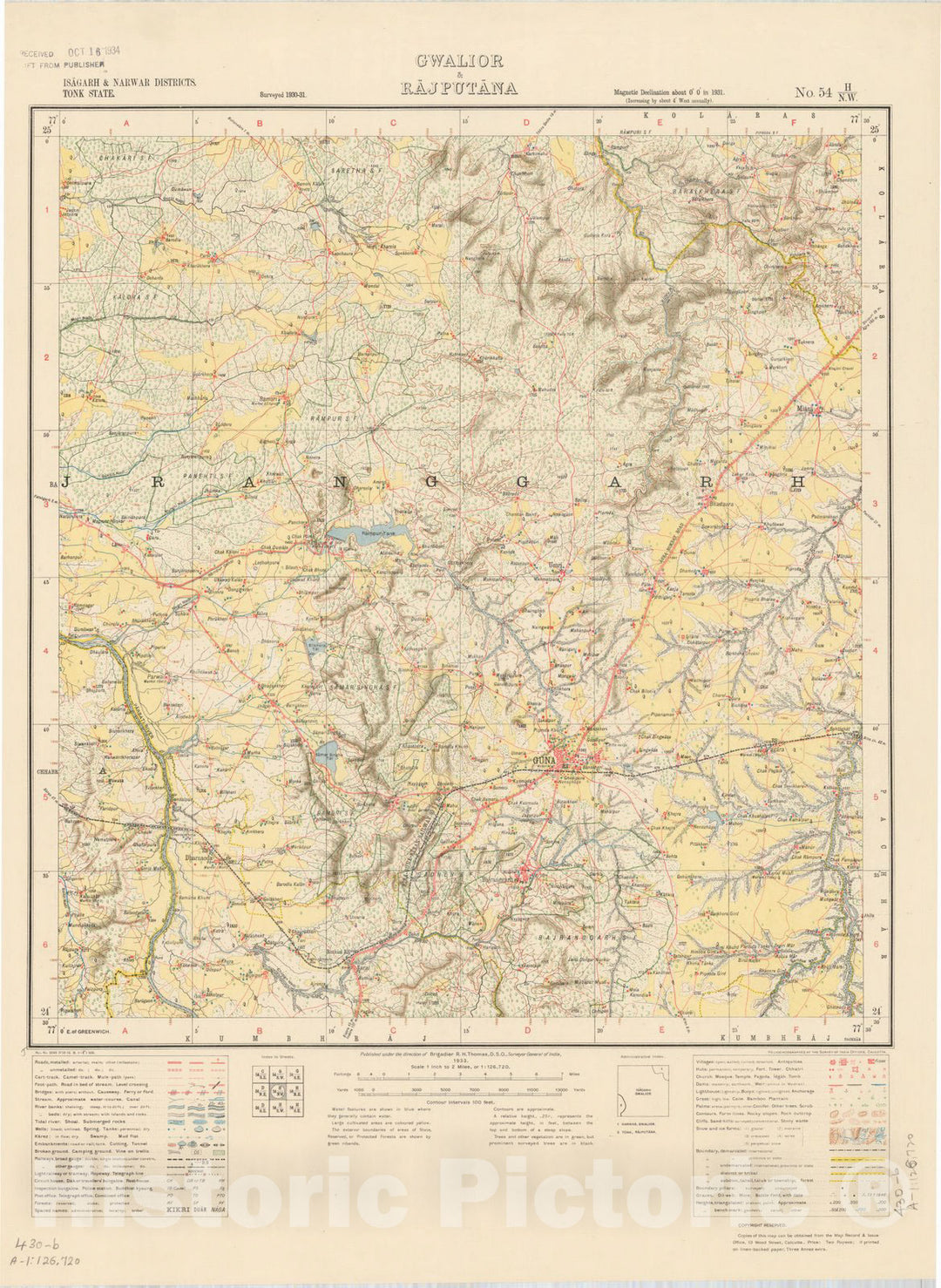 Map : Isagarh & Narwar Districts, Tonk State, Gwalior & Rajputana, No. 54 H/N.W. 1933, India and adjacent countries, Antique Vintage Reproduction