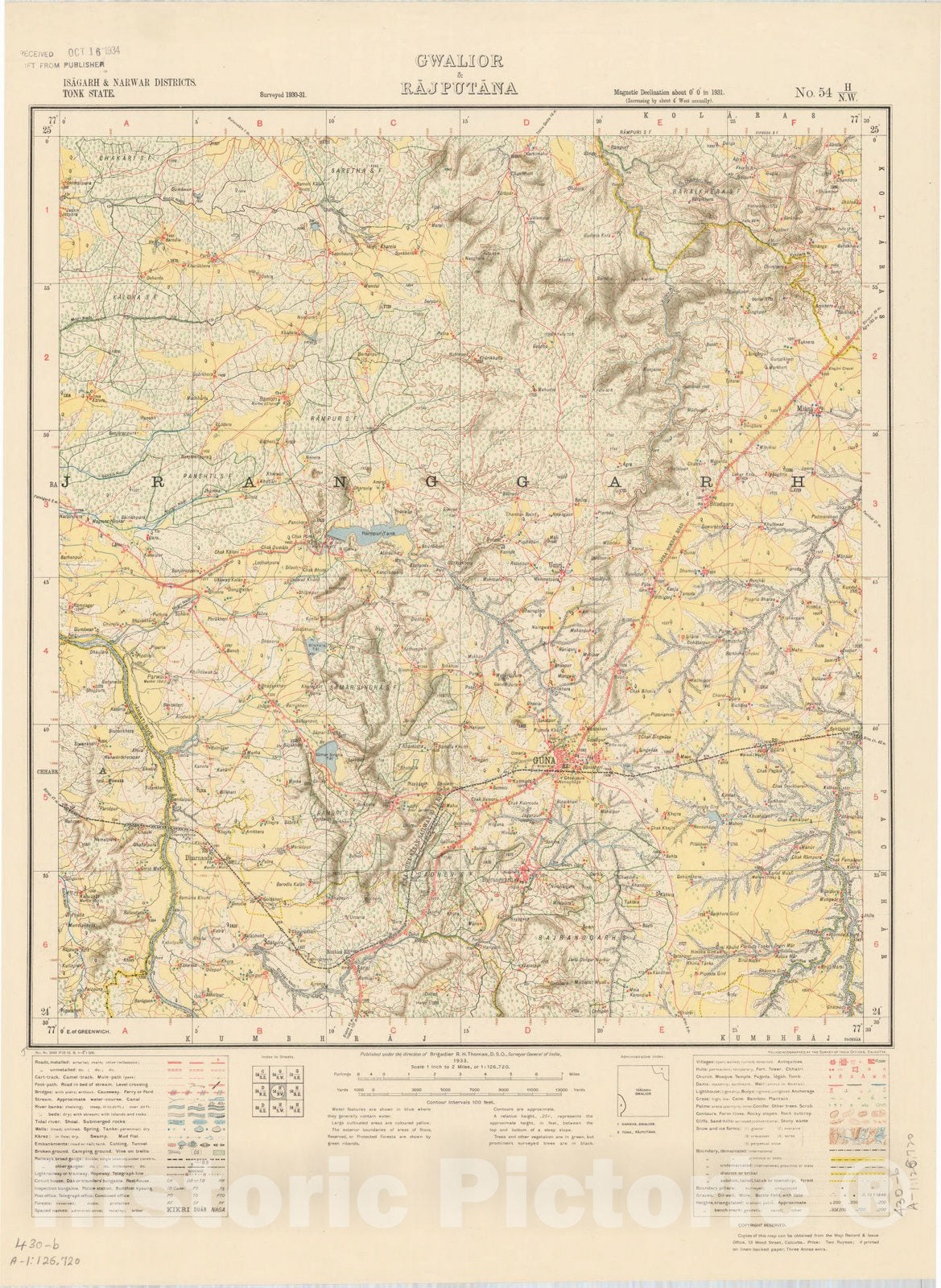 Map : Isagarh & Narwar Districts, Tonk State, Gwalior & Rajputana, No. 54 H/N.W. 1933, India and adjacent countries, Antique Vintage Reproduction