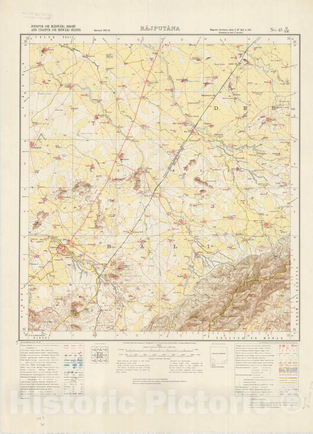 Map : Jodhpur (or Marwar), Sirohi and Udaipur (or Mewar) States, Rajputana No. 45 G/S.W. 1935, India and adjacent countries, Antique Vintage Reproduction