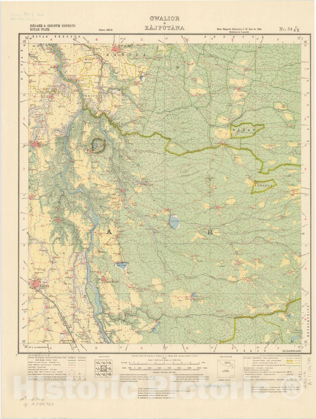 Map : Isagarh & Sheopur Districts, Kotah State, Gwalior & Rajputana, No. 54 C/S.E. 1925, India and adjacent countries, Antique Vintage Reproduction