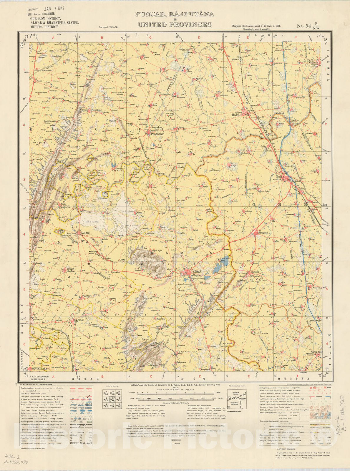 Map : Gurgaon District, Alwar & Bharatpur States, Muttra District, Punjab, Rajputana & United Provinces, No. 54 E/N.W. 1939, India and adjacent countries