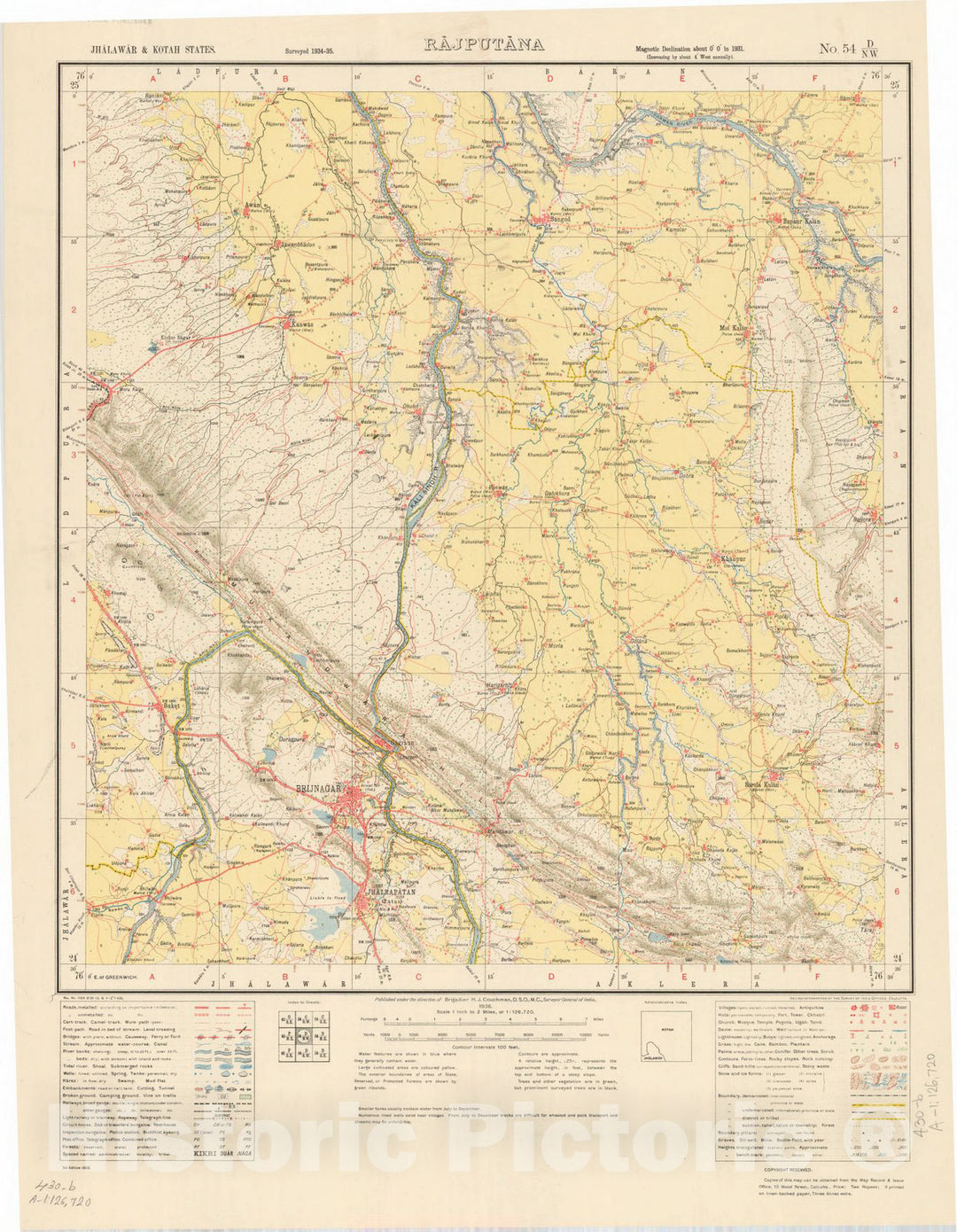 Map : Jhalawar & Kotah States, Rajputana, No. 54 D/N.W. 1936, India and adjacent countries, Antique Vintage Reproduction