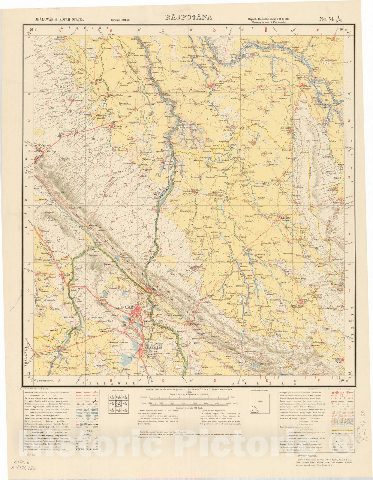 Map : Jhalawar & Kotah States, Rajputana, No. 54 D/N.W. 1936, India and adjacent countries, Antique Vintage Reproduction