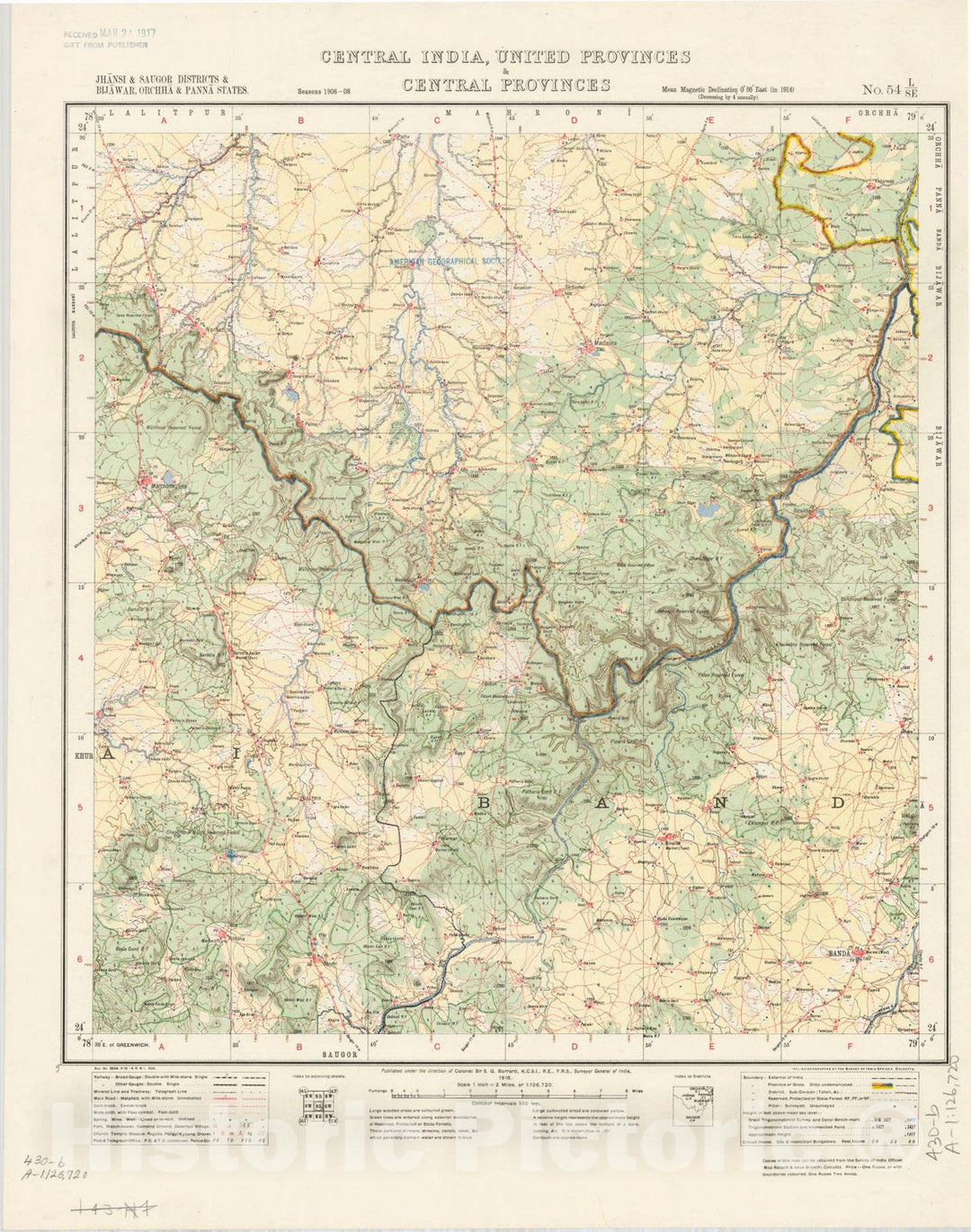 Map : Jhansi & Saugor Districts & Bijawar, Orchha & Panna States, Central India, United Provinces & Central Provinces, No. 54 L/S.E. 1916, India and adjacent countries