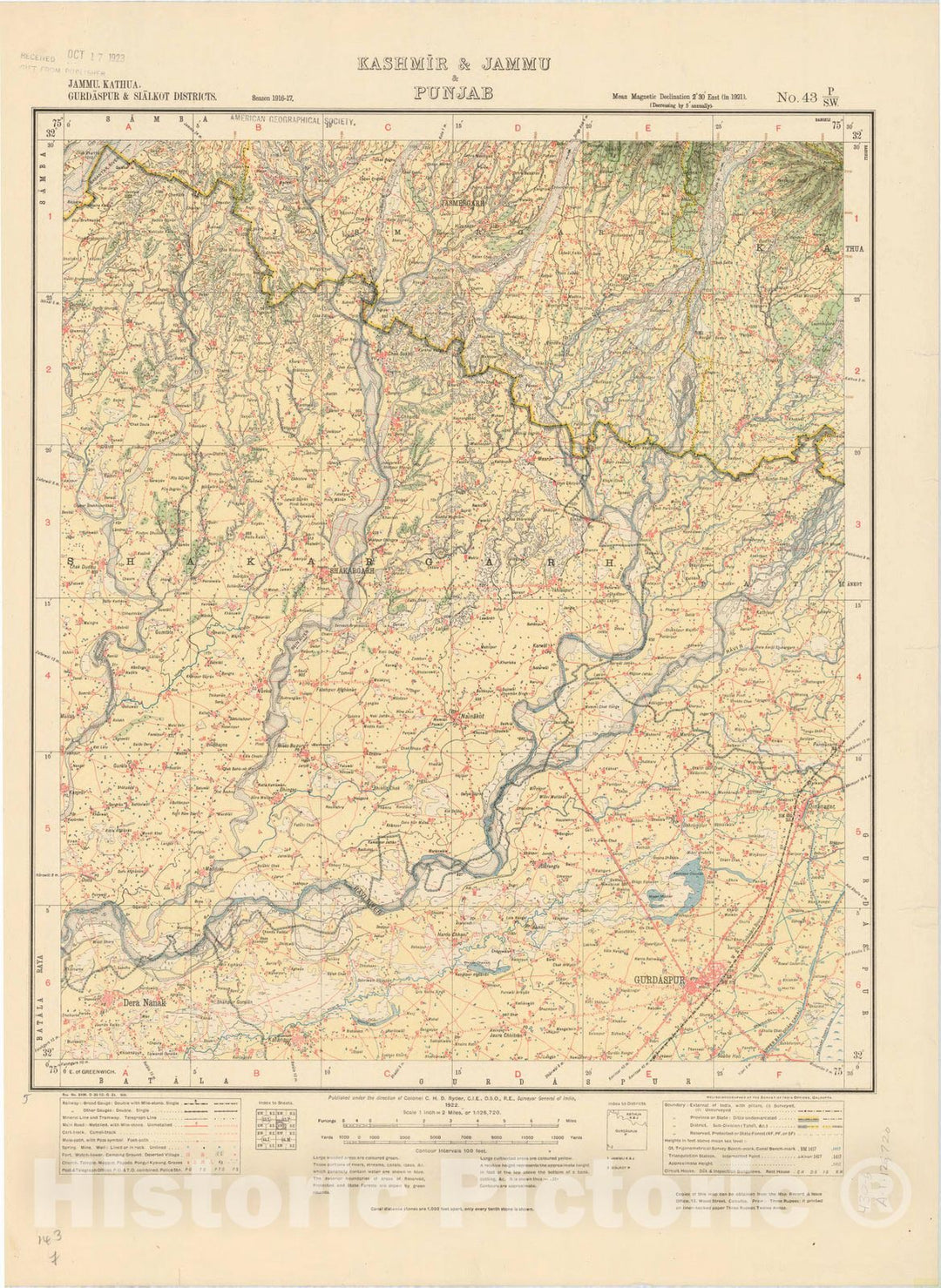 Map : Jammu, Kathua, Gurdaspur & Sialkot Districts, Kashmir & Jammu & Punjab, No. 43 P/S.W. 1916, India 1:126,720, Antique Vintage Reproduction