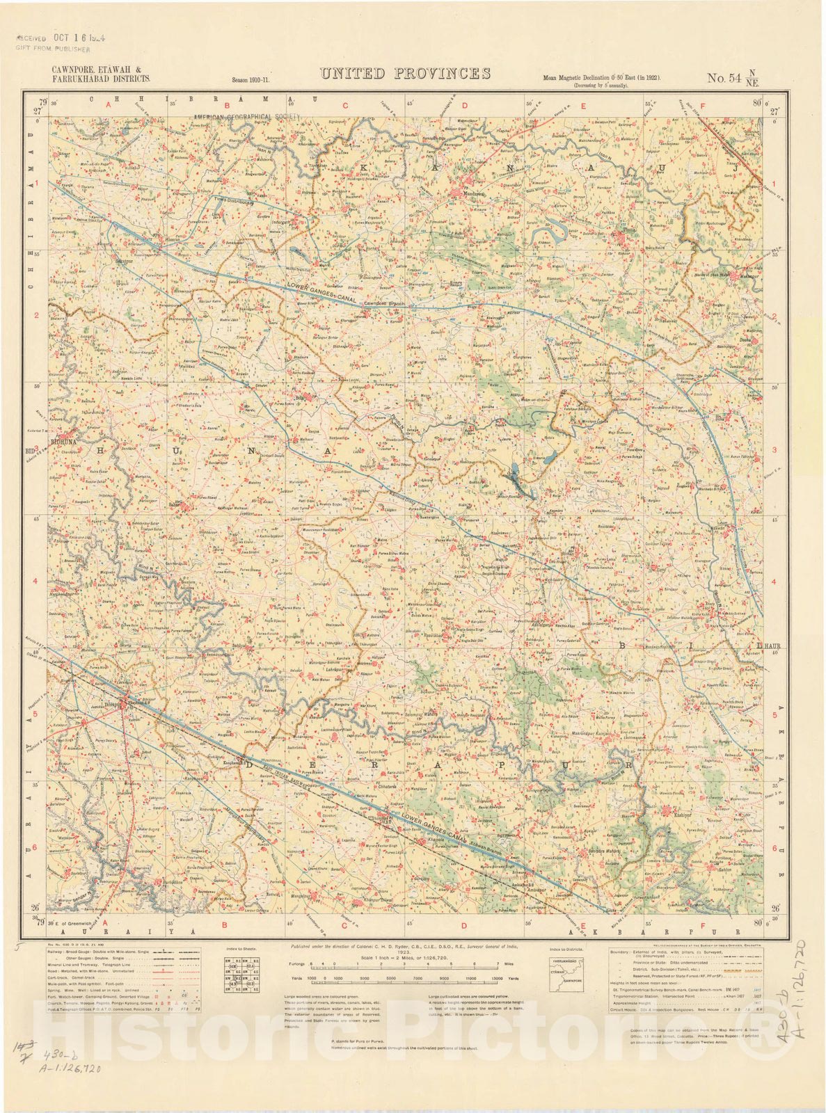 Map : Cawnpore, Etawah & Farrukhabad Districts, United Provinces, No. 54 N/N.E. 1923, India and adjacent countries, Antique Vintage Reproduction