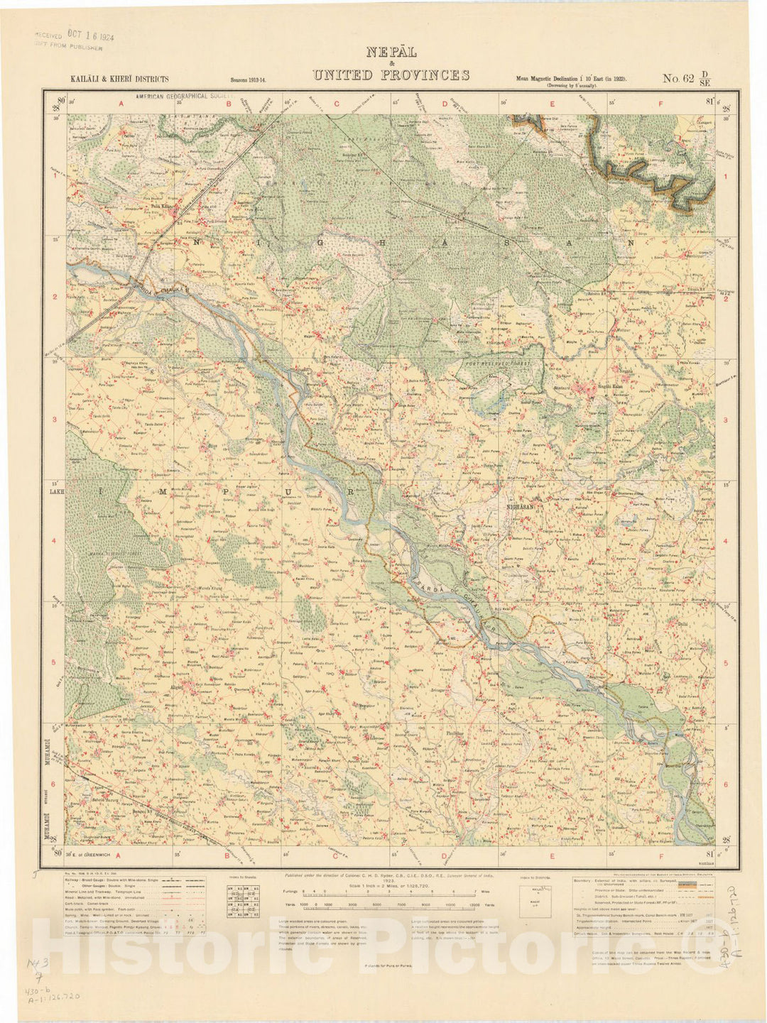 Map : Kailali & Kheri Districts, Nepal & United Provinces, No. 62 D/S.E. 1923, India and adjacent countries, Antique Vintage Reproduction