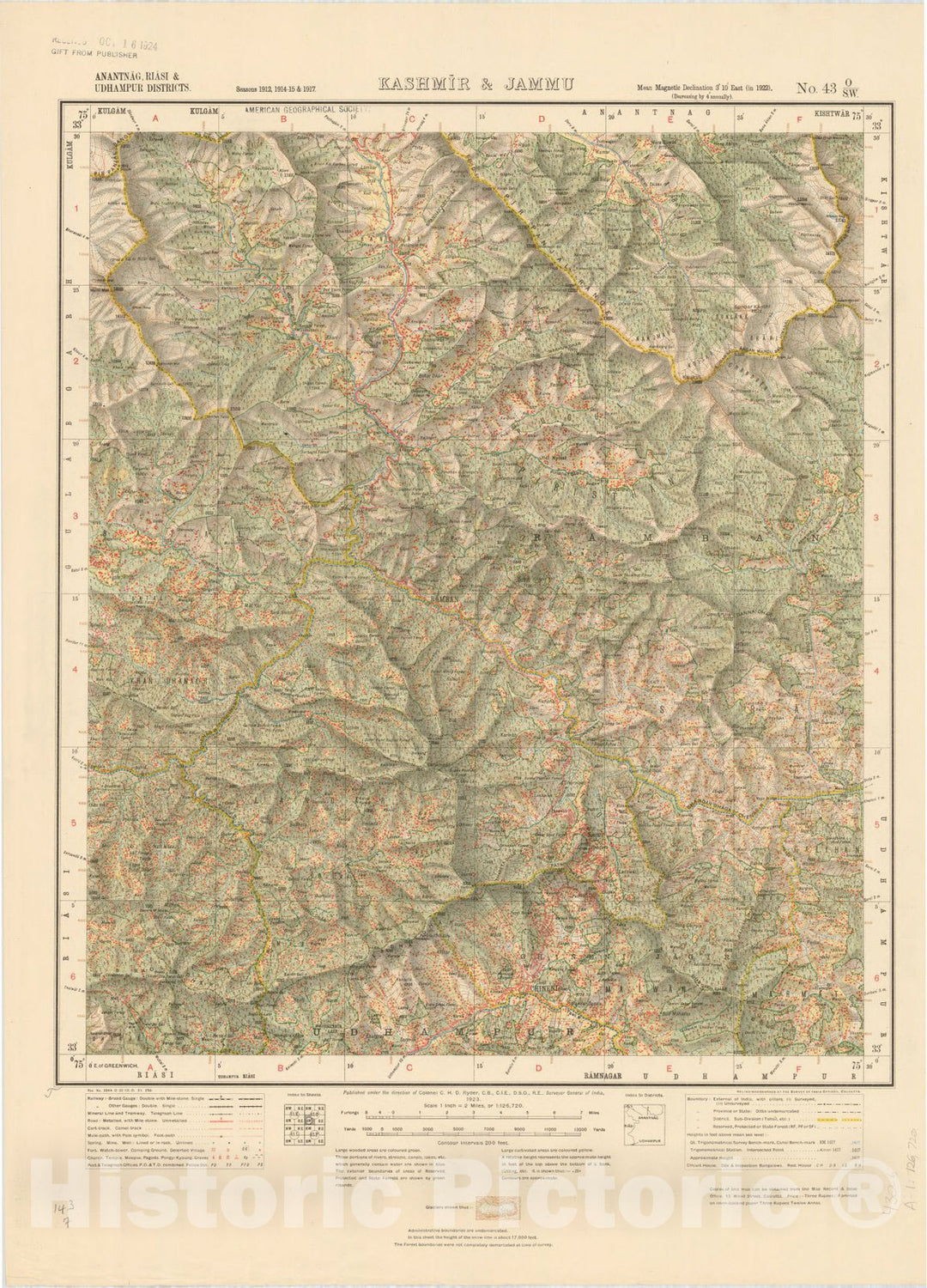 Map : Anantnag, Riasi & Udhampur Districts, Kashmir & Jammu, No. 43 O/S.W. 1923, India 1:126,720, Antique Vintage Reproduction