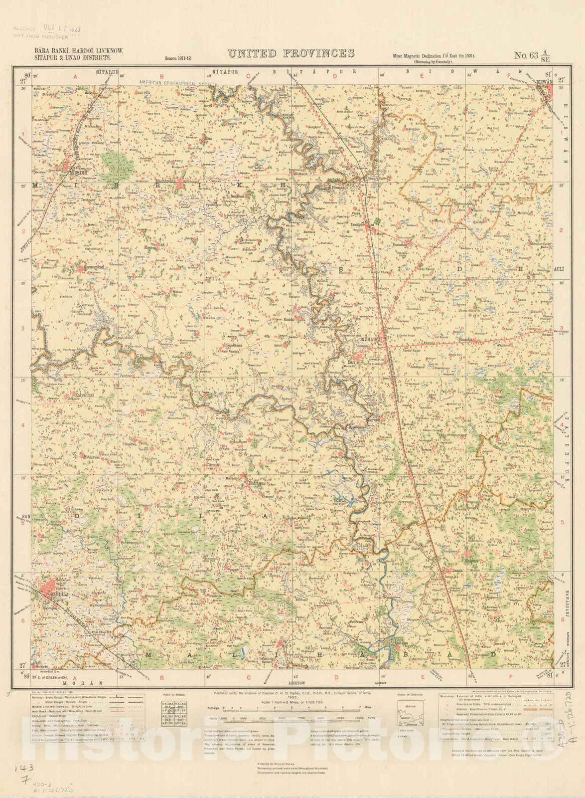 Map : Bara Banki, Hardoi, Lucknow, Sitapur & Unao Districts, United Provinces No. 63 A/S.E. 1922, India and adjacent countries, Antique Vintage Reproduction