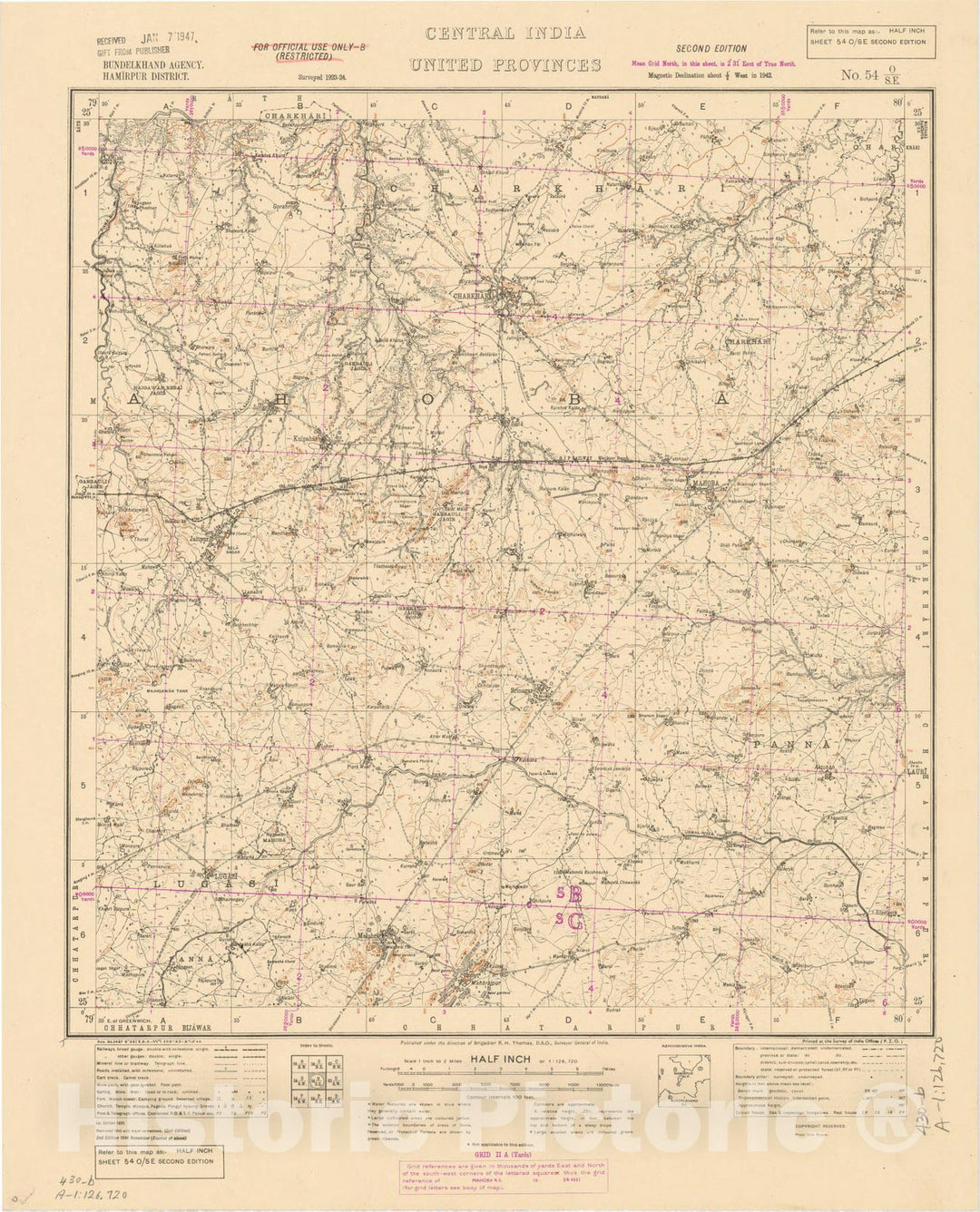 Map : Bundelkhand Agency, Hamirpur District, Central India, United Provinces, No. 54 O/S.E. 1944, India and adjacent countries, Antique Vintage Reproduction