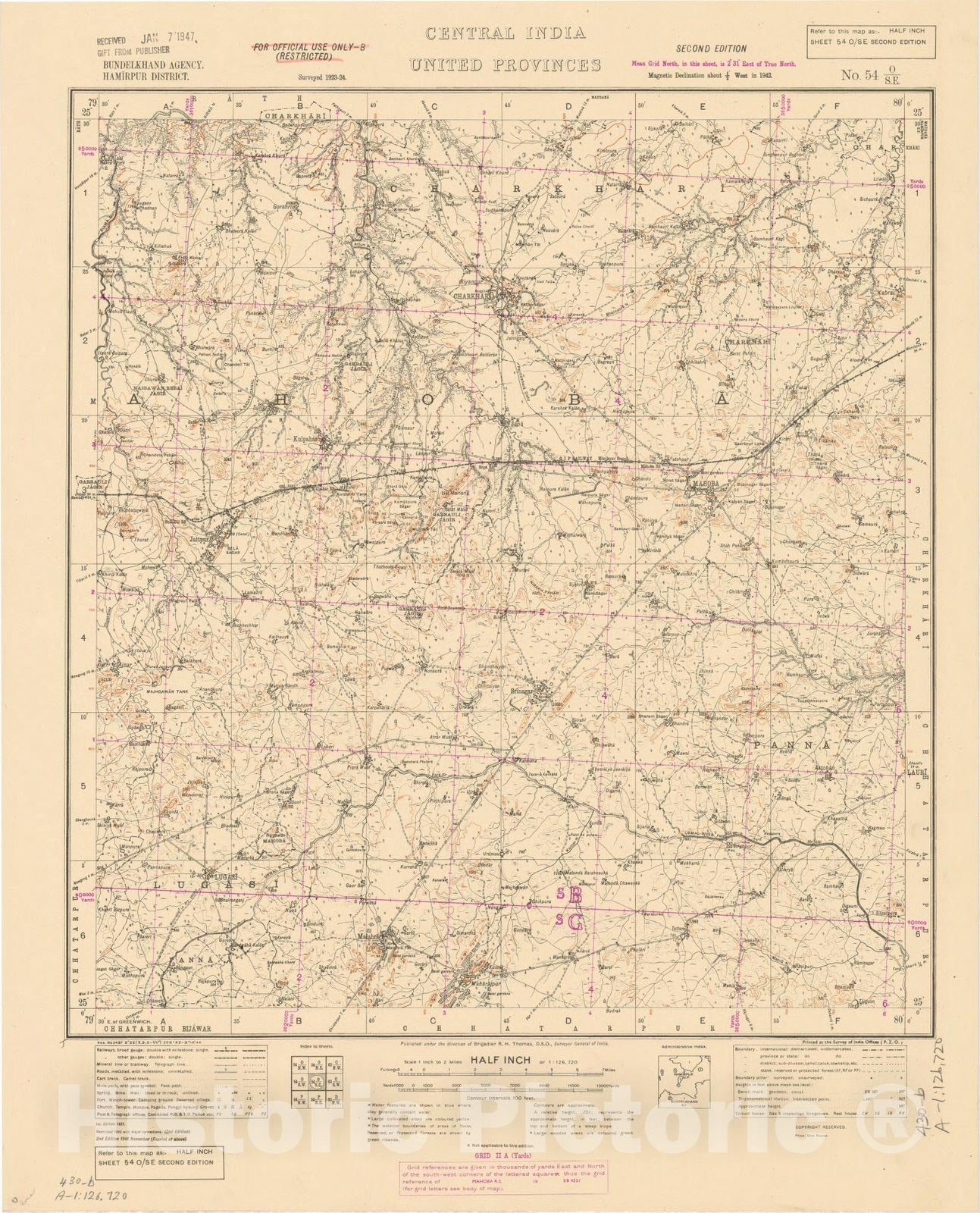 Map : Bundelkhand Agency, Hamirpur District, Central India, United Provinces, No. 54 O/S.E. 1944, India and adjacent countries, Antique Vintage Reproduction