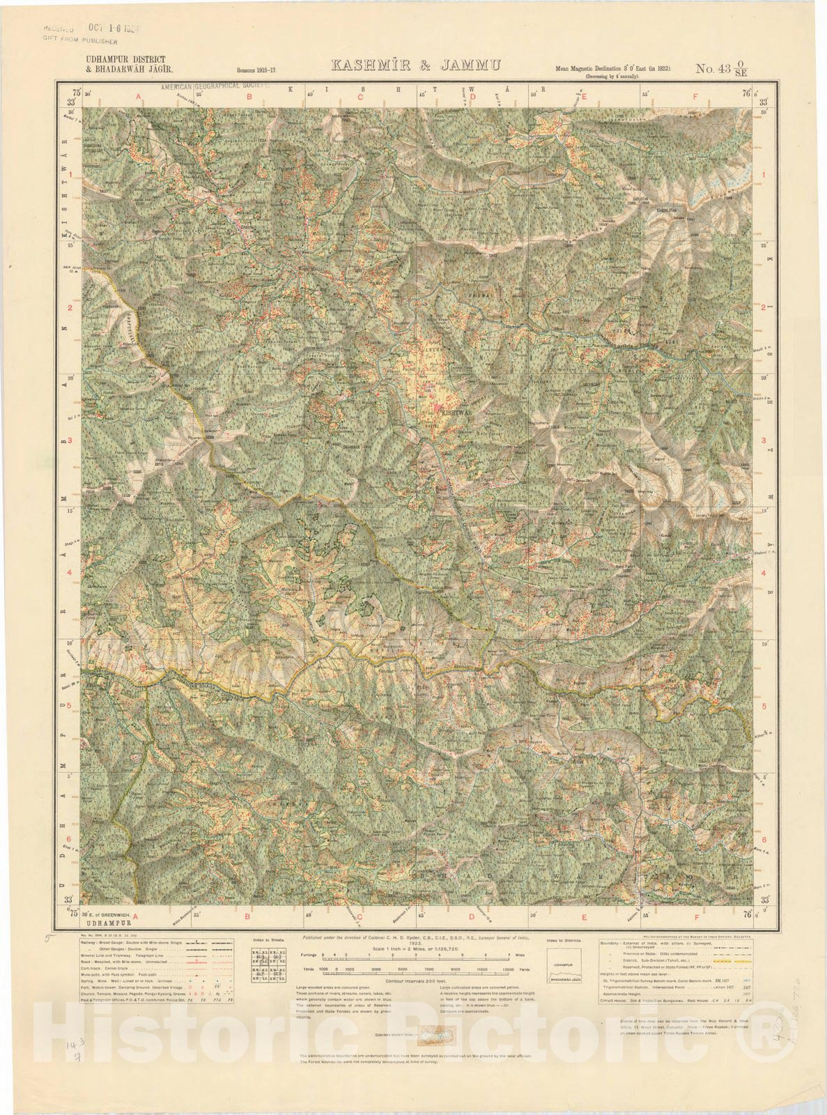 Map : Udhampur District & Bhadarwah Jagir, Kashmir & Jammu No. 43 O/S.E. 1923, India 1:126,720, Antique Vintage Reproduction