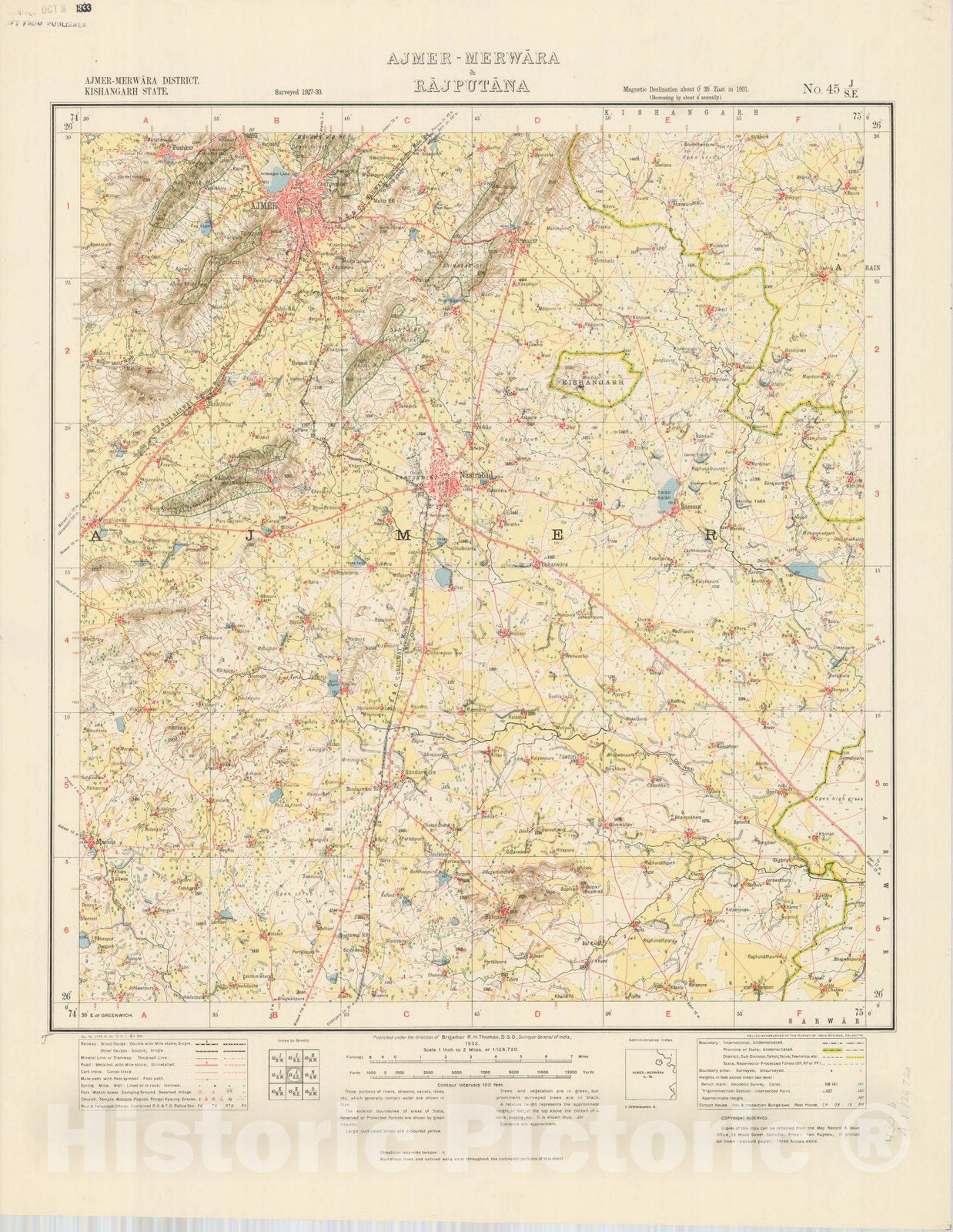 Map : Ajmer-Merwara District, Kishangarh State, Ajmer-Merwara & Rajputana, No. 45 J/S.E. 1932, India and adjacent countries, Antique Vintage Reproduction