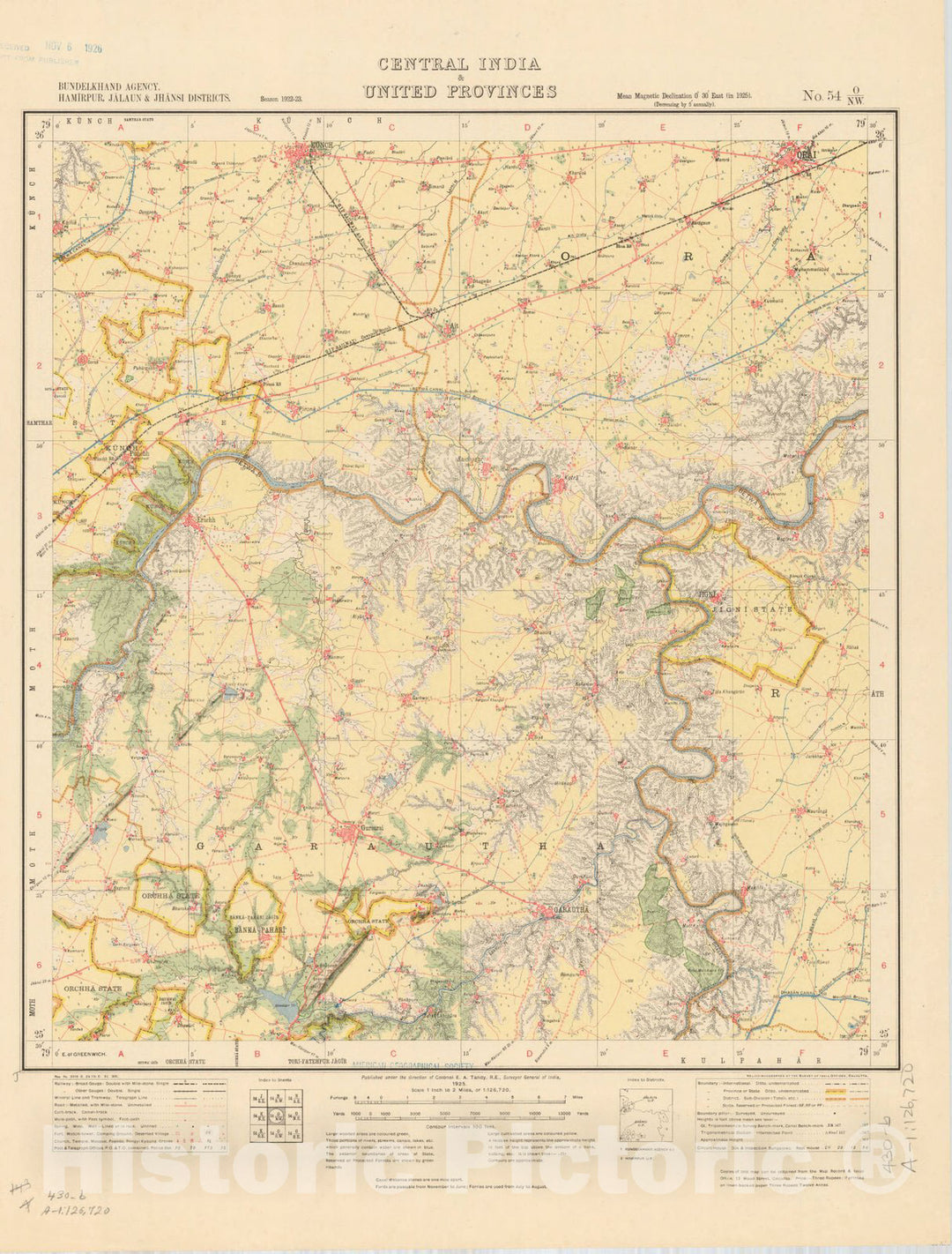 Historic Map : Bundelkhan Agency, Hamirpur, Jalaun & Jhansi Districts, Central India & United Provinces, No. 54 O/N.W. 1925, India and adjacent countries, Antique Vintage Reproduction