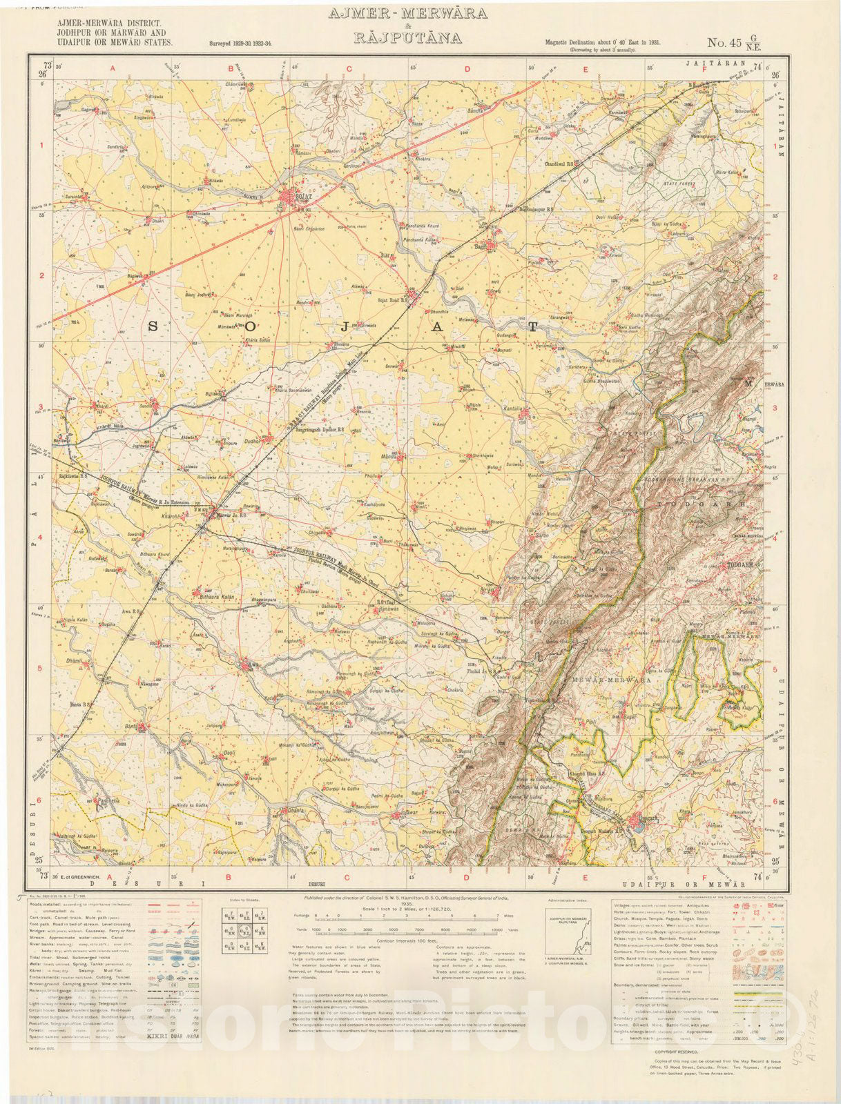 Map : Ajmer-Merwara District, Jodhpur (or Marwar) and Udaipur (or Mewar) States, Ajmer-Merwara & Rajputana No. 45 G/N.E. 1935, India and adjacent countries