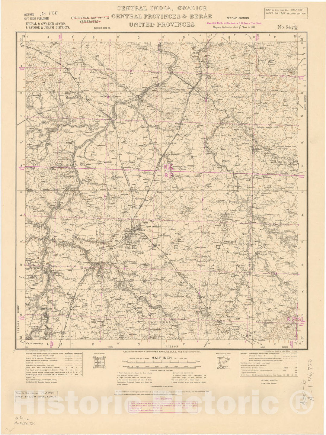 Map : Bhopal & Gwalior States & Saugor & Jhansi Districts, Central India, Gwalior, Central Provinces & Berar, United Provinces, 1944, India and adjacent countries