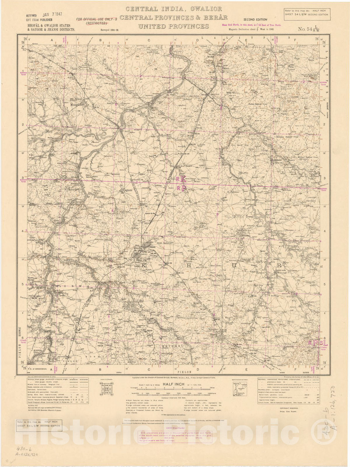 Map : Bhopal & Gwalior States & Saugor & Jhansi Districts, Central India, Gwalior, Central Provinces & Berar, United Provinces, 1944, India and adjacent countries