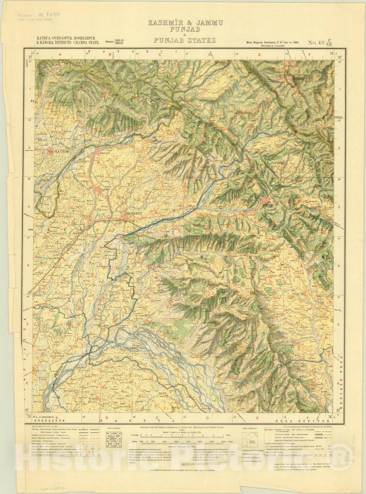 Historic Map : Kathua, Gurdaspur, Hoshiarpur & Kangra Districts, Chamba State, Kashmir & Jammu, PUnjab & Punjab States, No. 43 P/S.E. 1924, India 1:126,720, Antique Vintage Reproduction