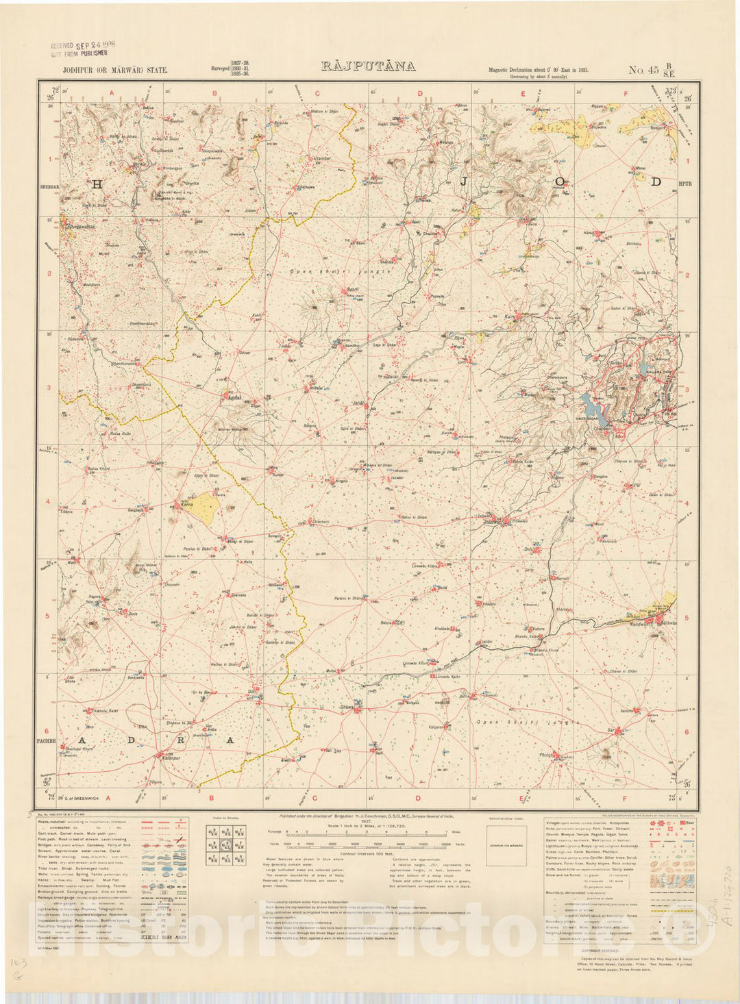 Map : Jodhpur (or Marwar) State, Rajputana No. 45 B/S.E. 1937, India and adjacent countries, Antique Vintage Reproduction