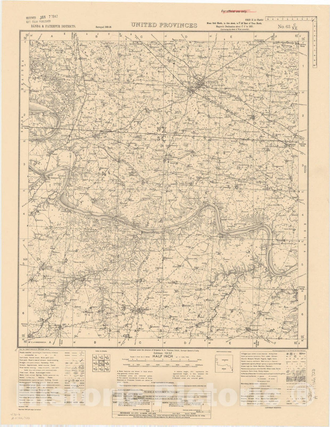 Map : Banda & Fatehpur Districts, United Provinces, No. 63 C/N.E. 1943, India and adjacent countries, Antique Vintage Reproduction