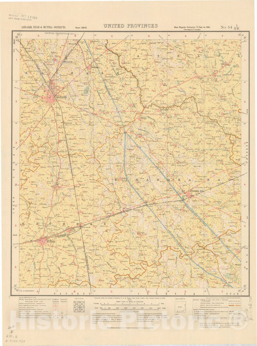 Map : Aligarh, Etah & Muttra Districts, United Provinces No. 54 I/N.W. 1923, India and adjacent countries, Antique Vintage Reproduction