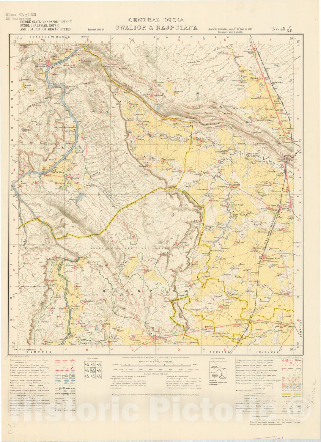 Map : Indore State, Mandasor District, Bundi,Jhalawar, Kotah and Udaipur (or Mewar) States, Central India, Gwalior & Rajputana, No. 45 P/N.E. 1938,