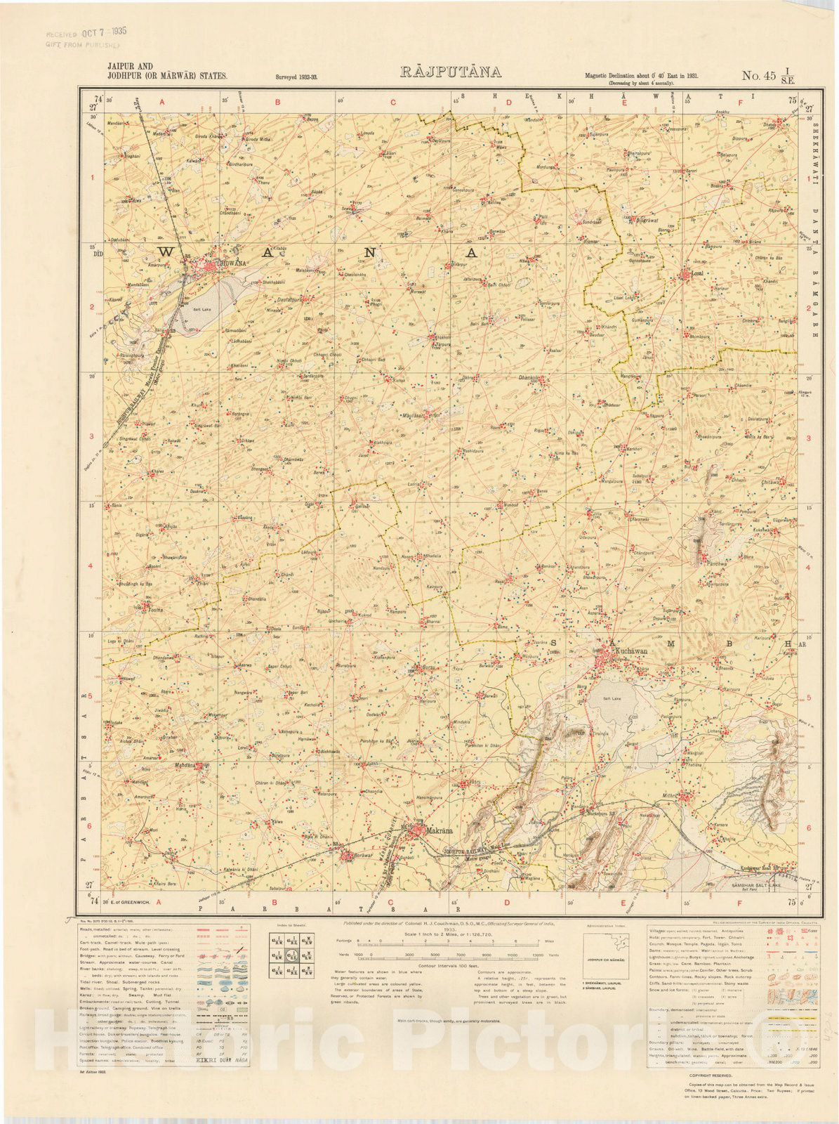 Map : Jaipur and Jodhpur (or Marwar) States, Rajputana, No. 45 I/S.E. 1933, India and adjacent countries, Antique Vintage Reproduction