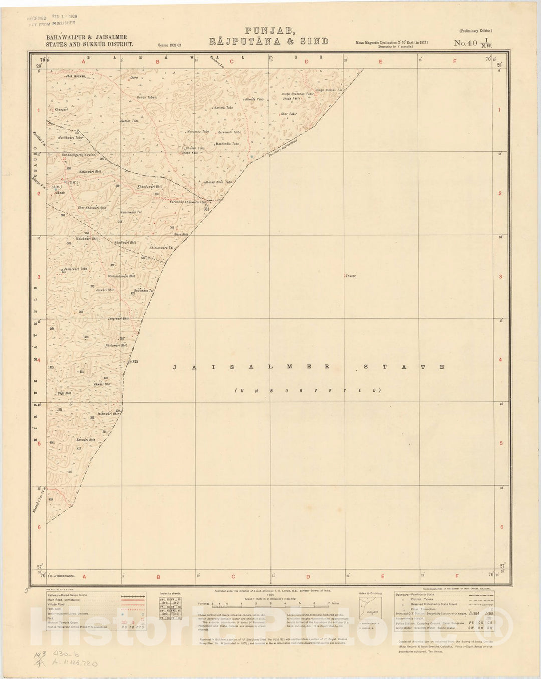 Map : Bahawalpur & Jaisalmer States and Sukkur District, Punjab, Rajputana & Sind, No. 40 I/N.W. 1905, India 1:126,720, Antique Vintage Reproduction