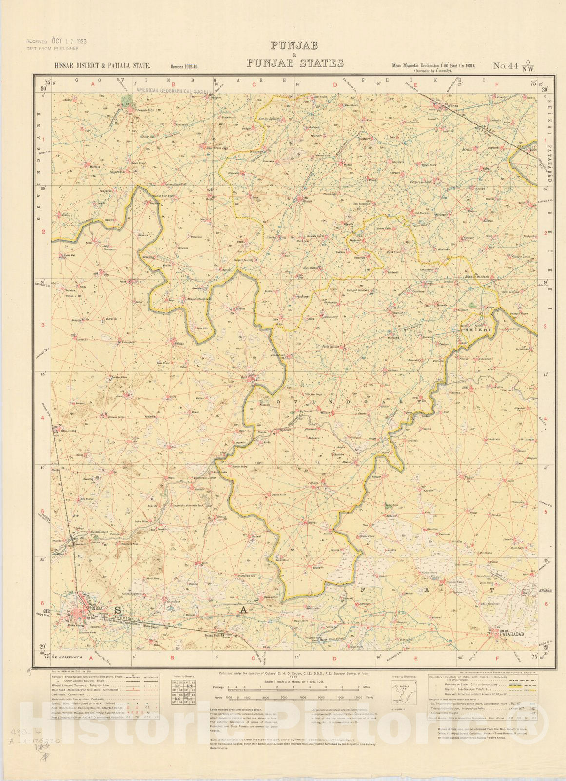 Map : Hissar District & Patiala State, Punjab & Punjab States, No. 44 O/N.W. 1922, India and adjacent countries, Antique Vintage Reproduction